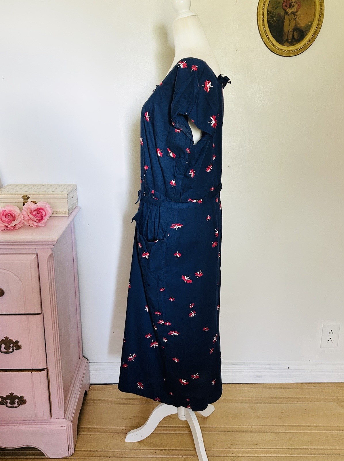 VTG 40s 50s Peg Top Cotton Sundress Bolero Set Navy Day Dress Metal Zip 36W XL