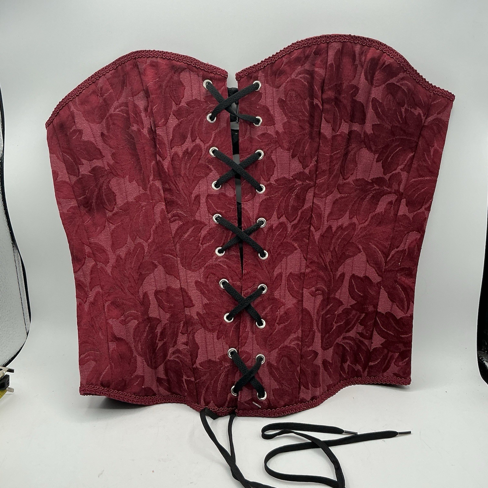 Burgundy Floral Brocade Lace Up Underbust Waist Cincher Corset Costume