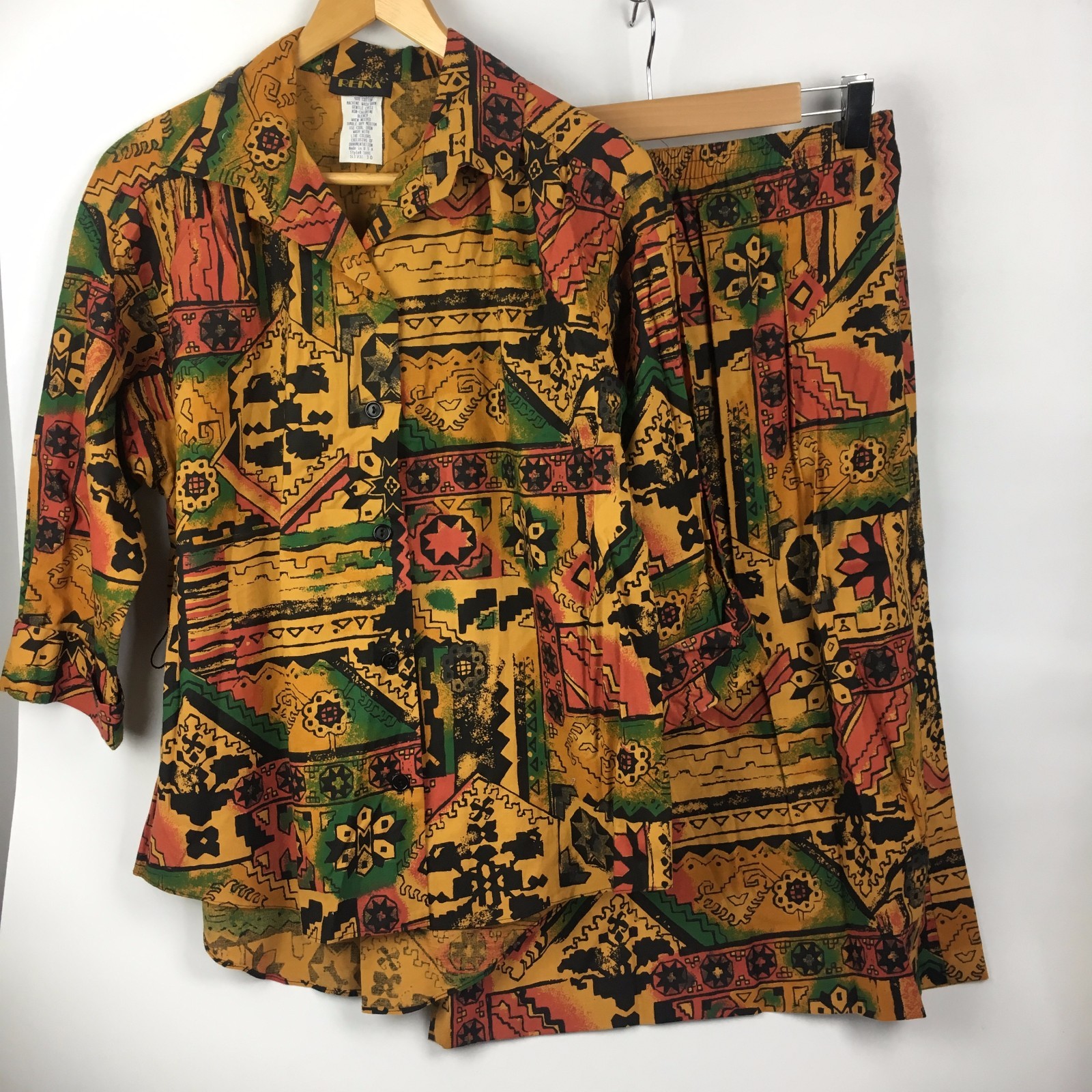 80s Vintage 2pc L Skirt Shirt Outfit Set Ethnic Tribal Novelty Tropical Spanish