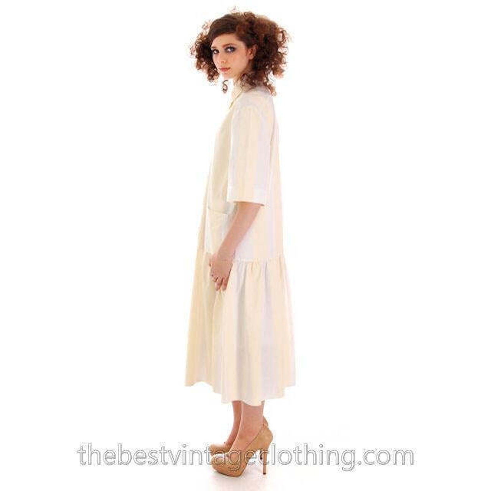 Vintage Vuokko Dress Mod Dropped Waist Yellow White Stripes Poppers Finnish S