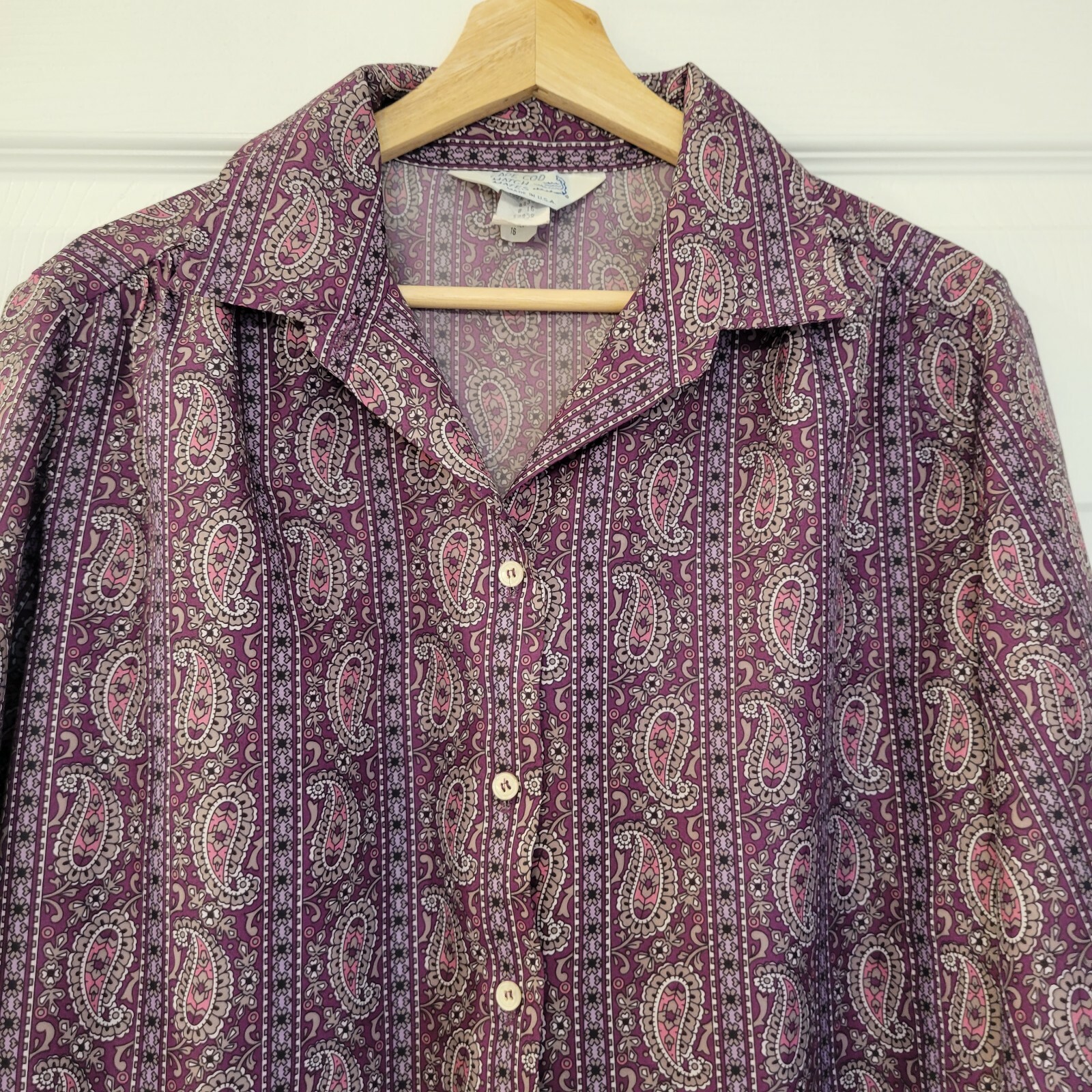 Vintage 70s Cape Cod Match Mates Floral Purple Print Blouse, Size 16
