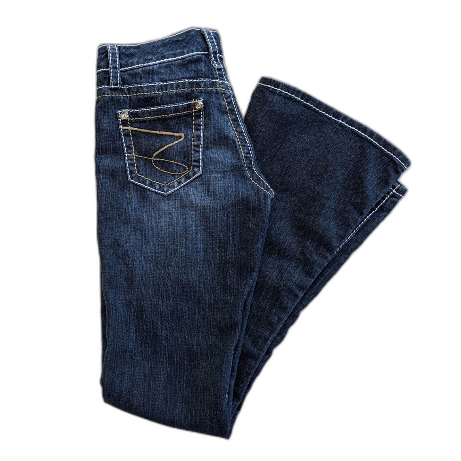 RARE Vintage Seven7 Crystal Embellished TULIP Flare Low Rise Topstitch Jeans 28