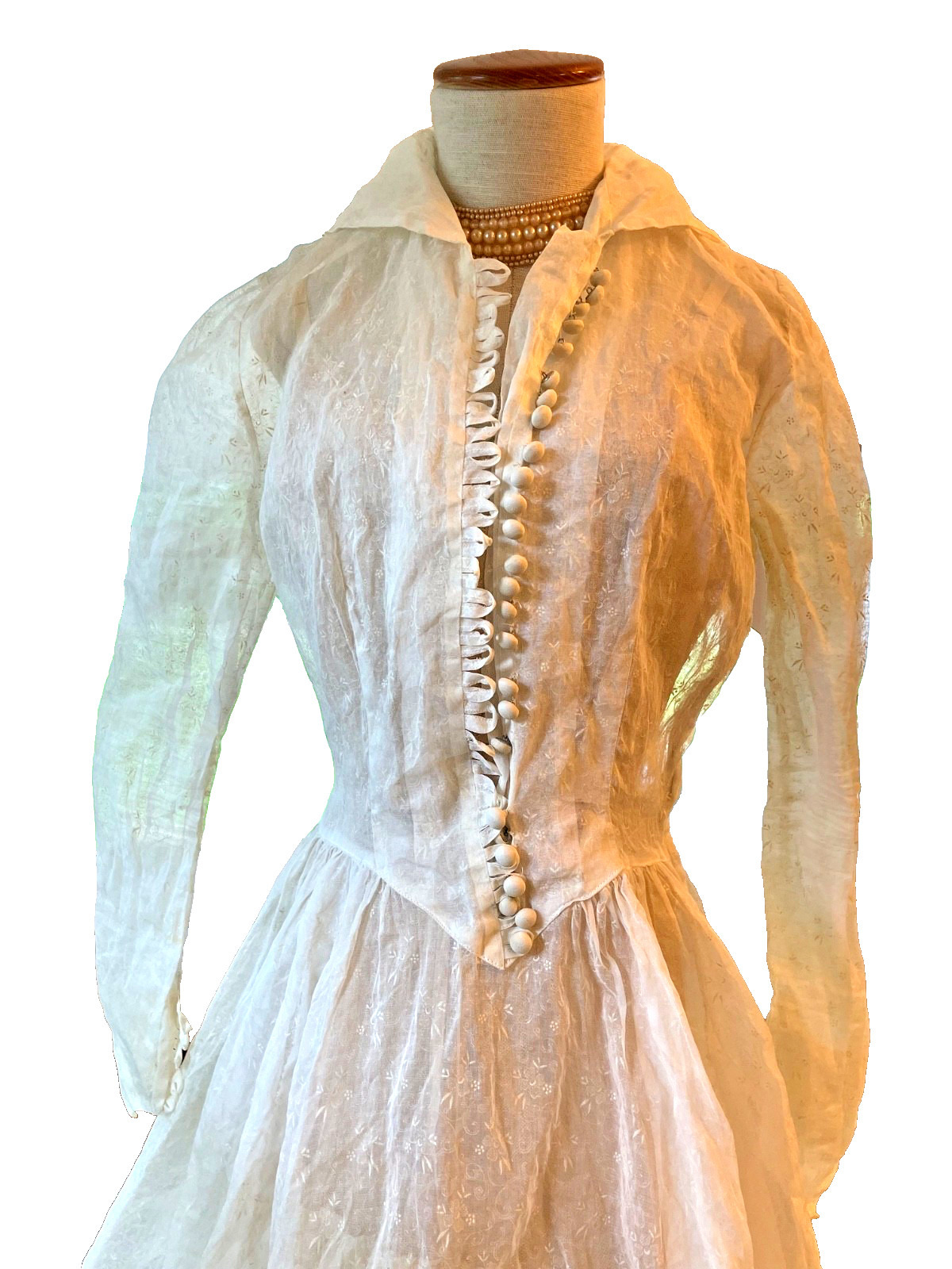 Cotton Organdy 1930s Dress Long Sleeve Wedding Bridal Gown W Train Button Front