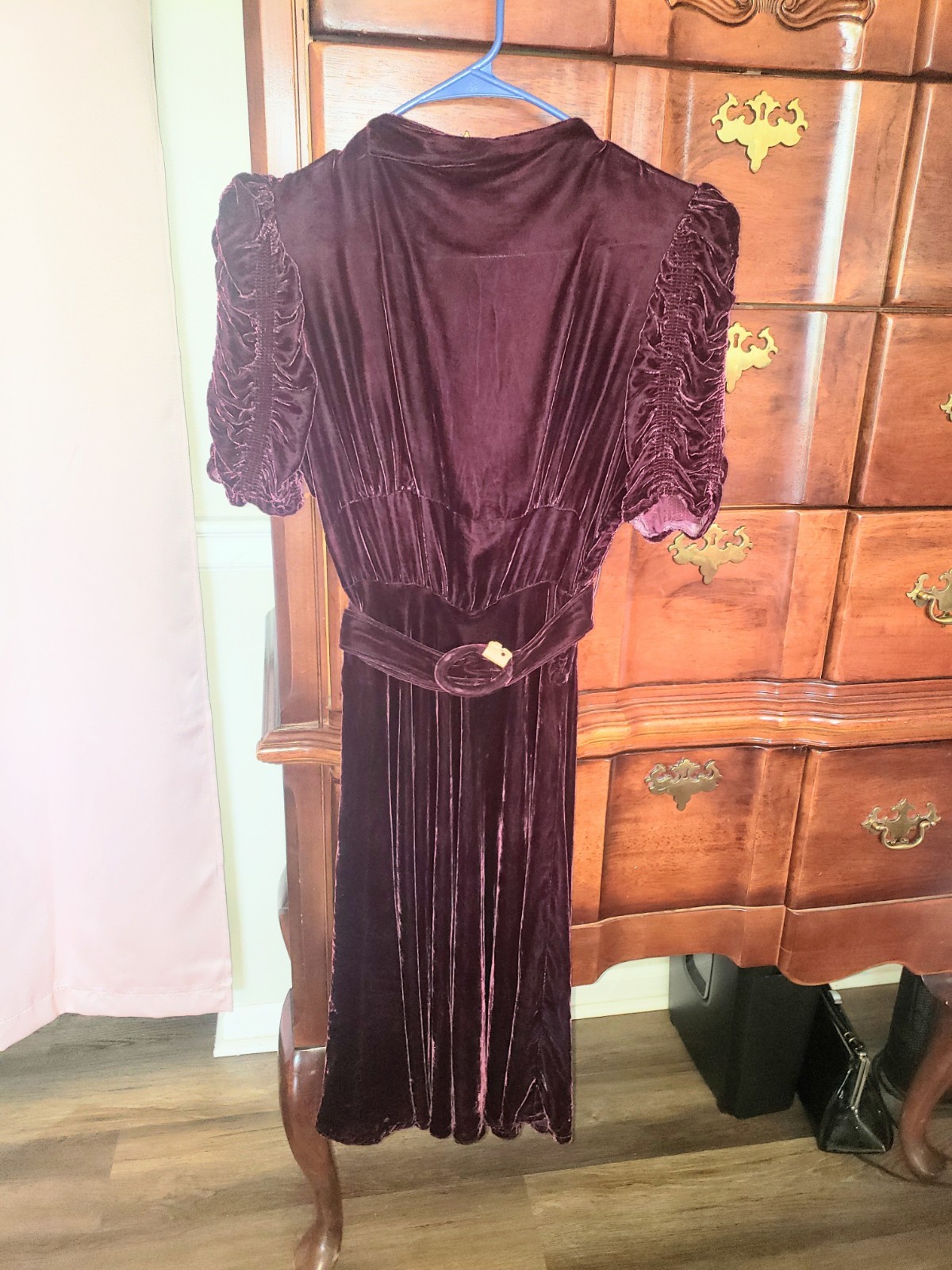 Vintage Burgundy Crushed Velvet Dress With Belt