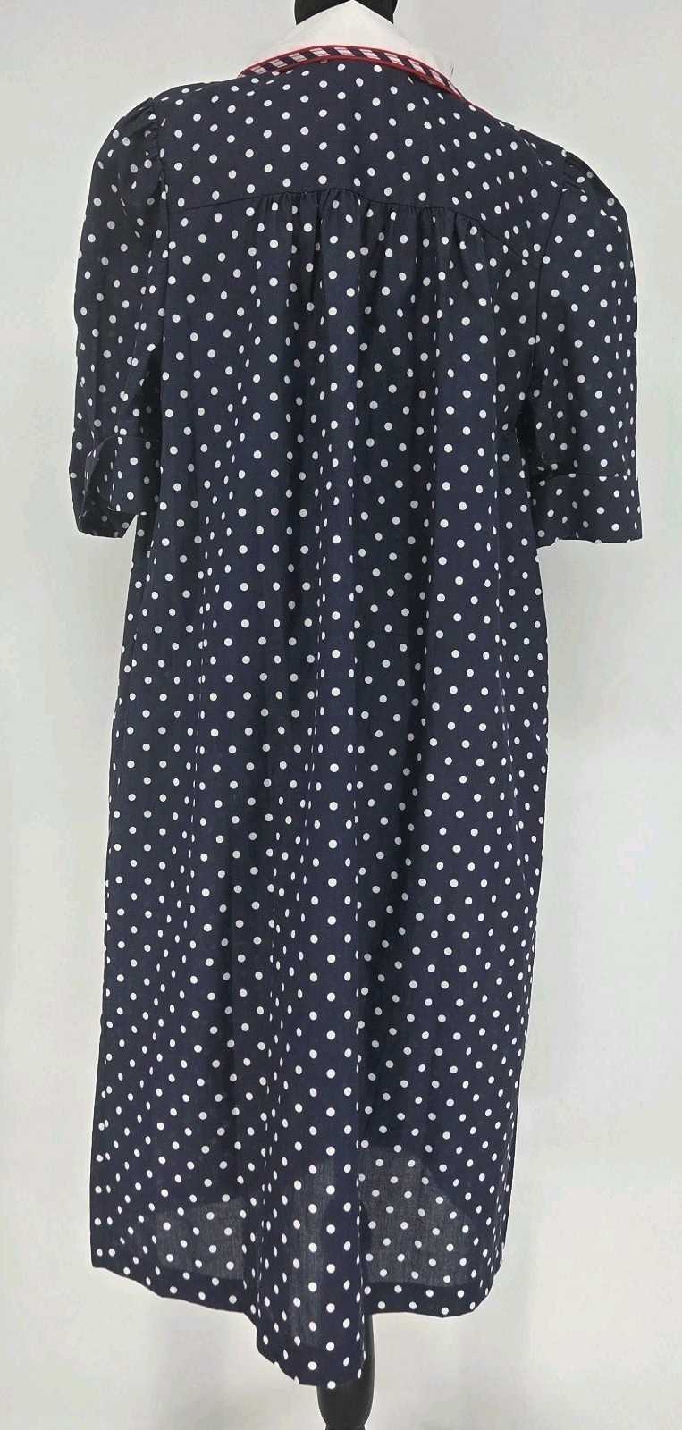 Vtg Models Coat Apple House Dress Medium Navy Polka Dot Snap Down