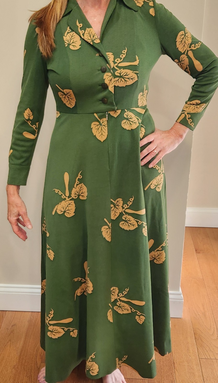 Vtg Handmade Dress Botanical Leaf Green 1970s 80’s Full Length Size 6