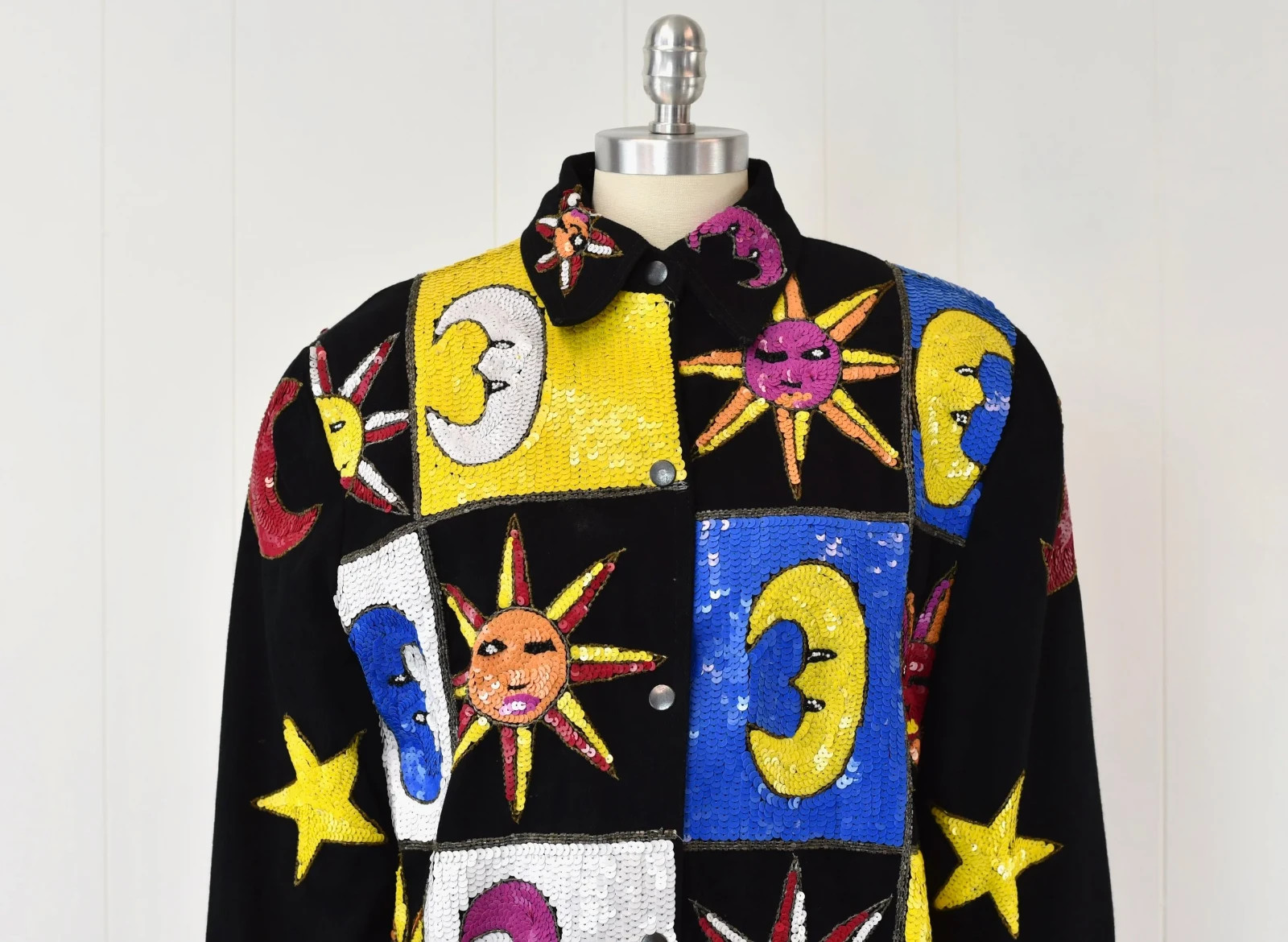 Vintage 1980s 90s Modi Sequin Celestial Sun Moon Stars Patchwork Denim Jacket
