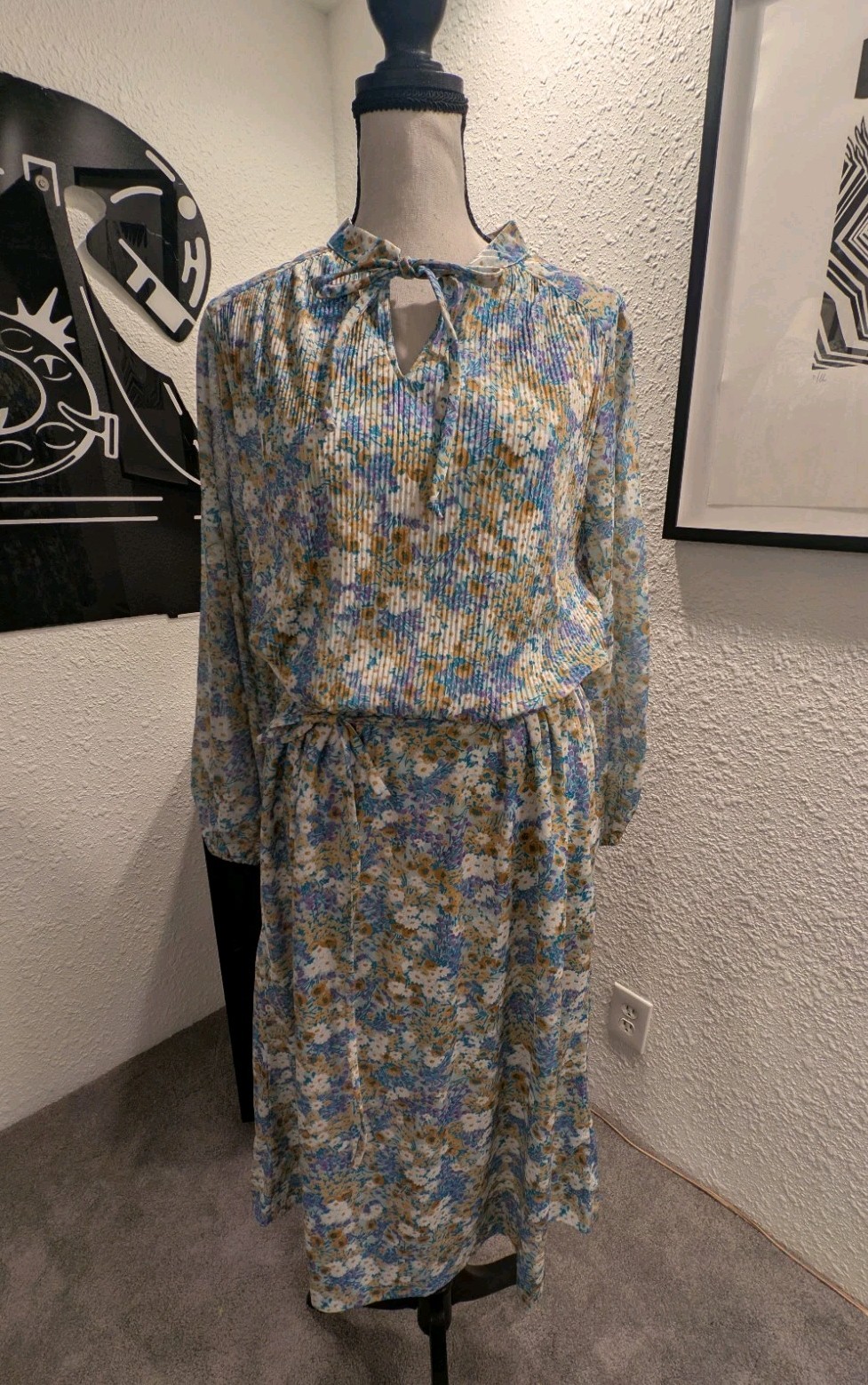 Vintage 70s Polyester Floral Midi PEASANT Dress Bohemian Prairie L/XL