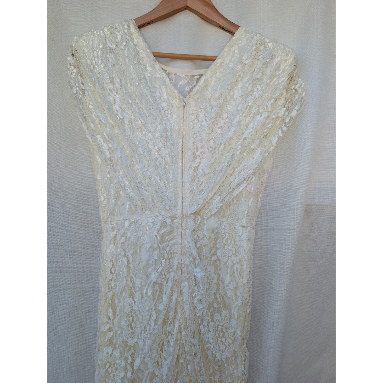 Vtg Coquette Cream Lace Dress Handkerchief Hem Ruched Seneca Alternative Bride