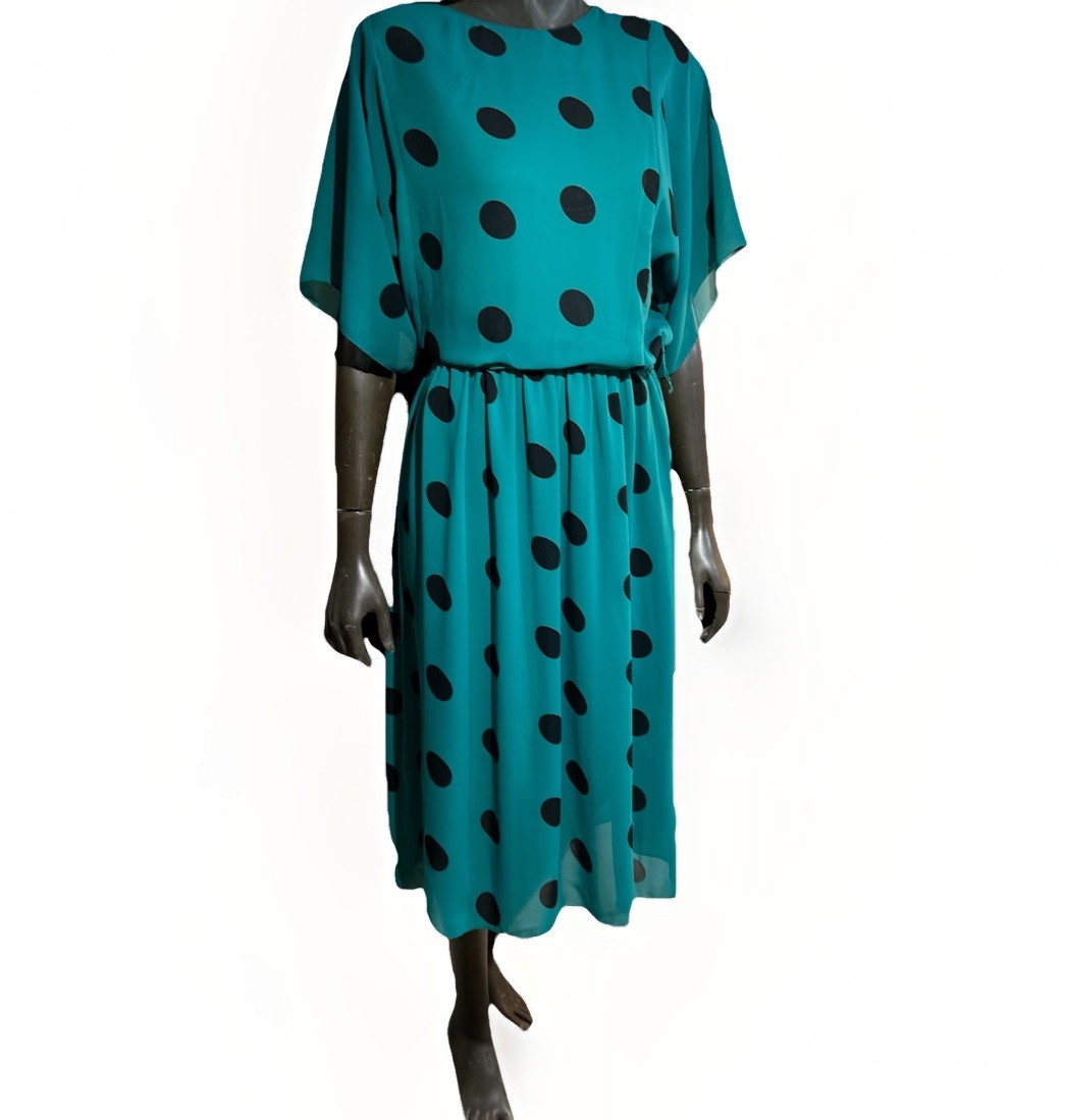 Vintage Silky Black Polka Dot Teal Blouson Belted Midi Dress Totally 80s Size 8