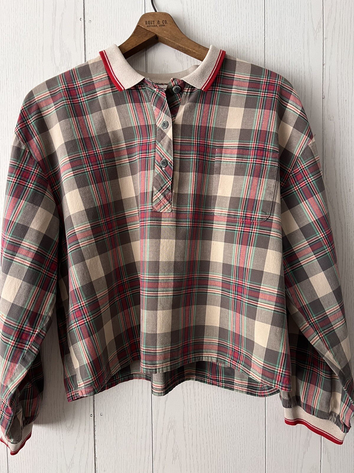 Vintage 1980’s Actif Cropped Top Blouse Shirt Balloon Sleeve Women’s Large Plaid