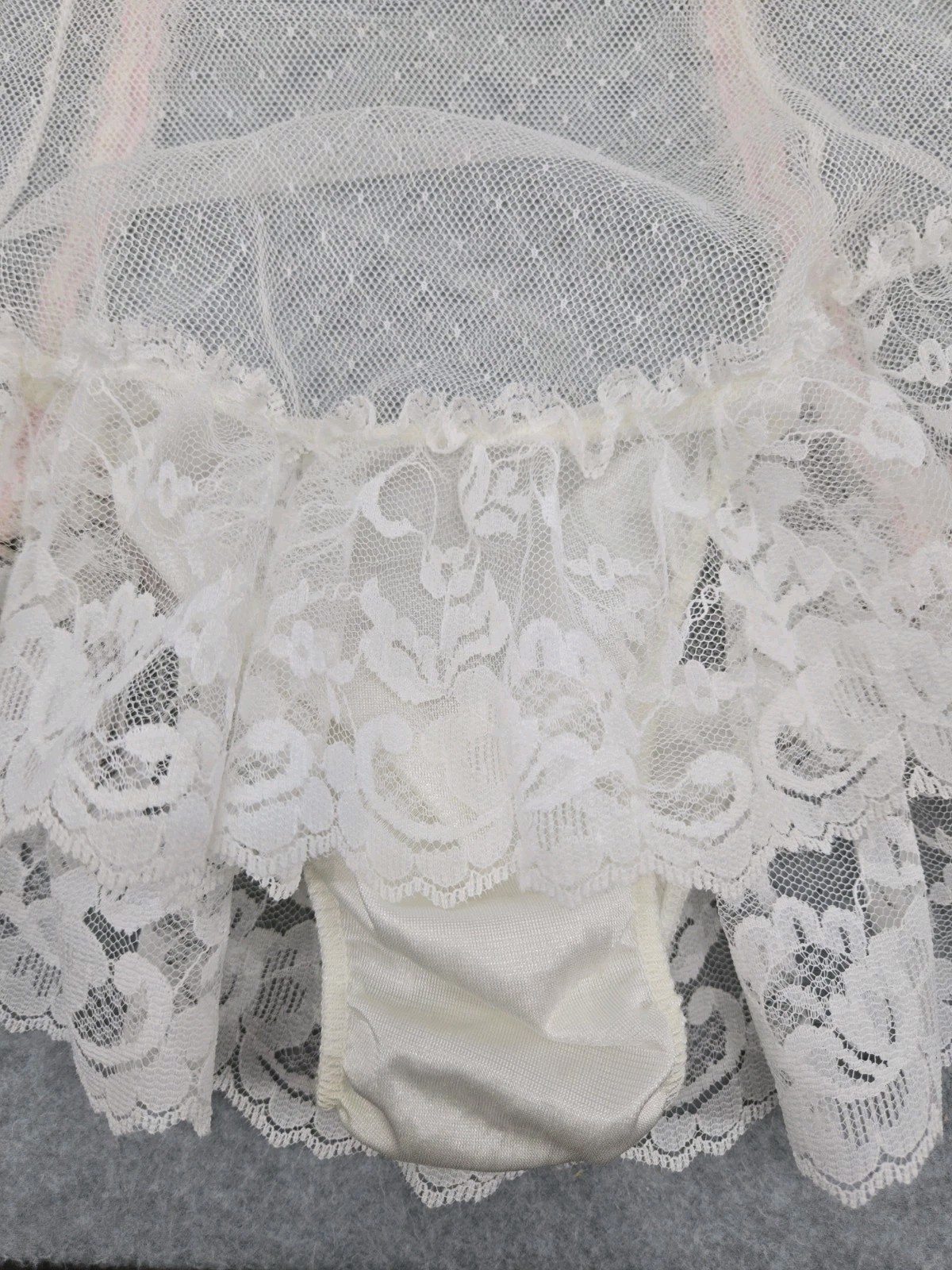 Vintage SHEER Lingerie BODYSUIT Panty FLORAL Lace Tank Top Soft Girl Bow S/M
