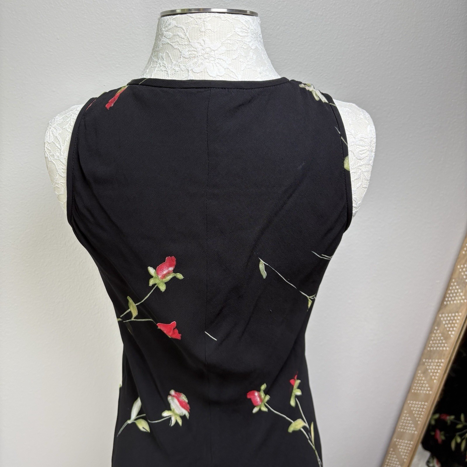 Vintage Evan Picone Women 6 Black Rose Midi Dress 90s Grunge Ruffle REPAIRED