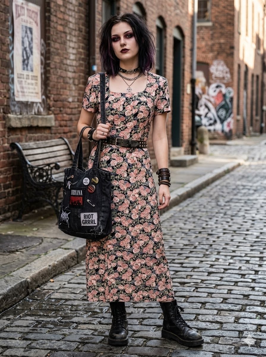 Vintage 90s Pink Rose Print Romantic Style Short Sleeve Rayon Midi Dress Size 9