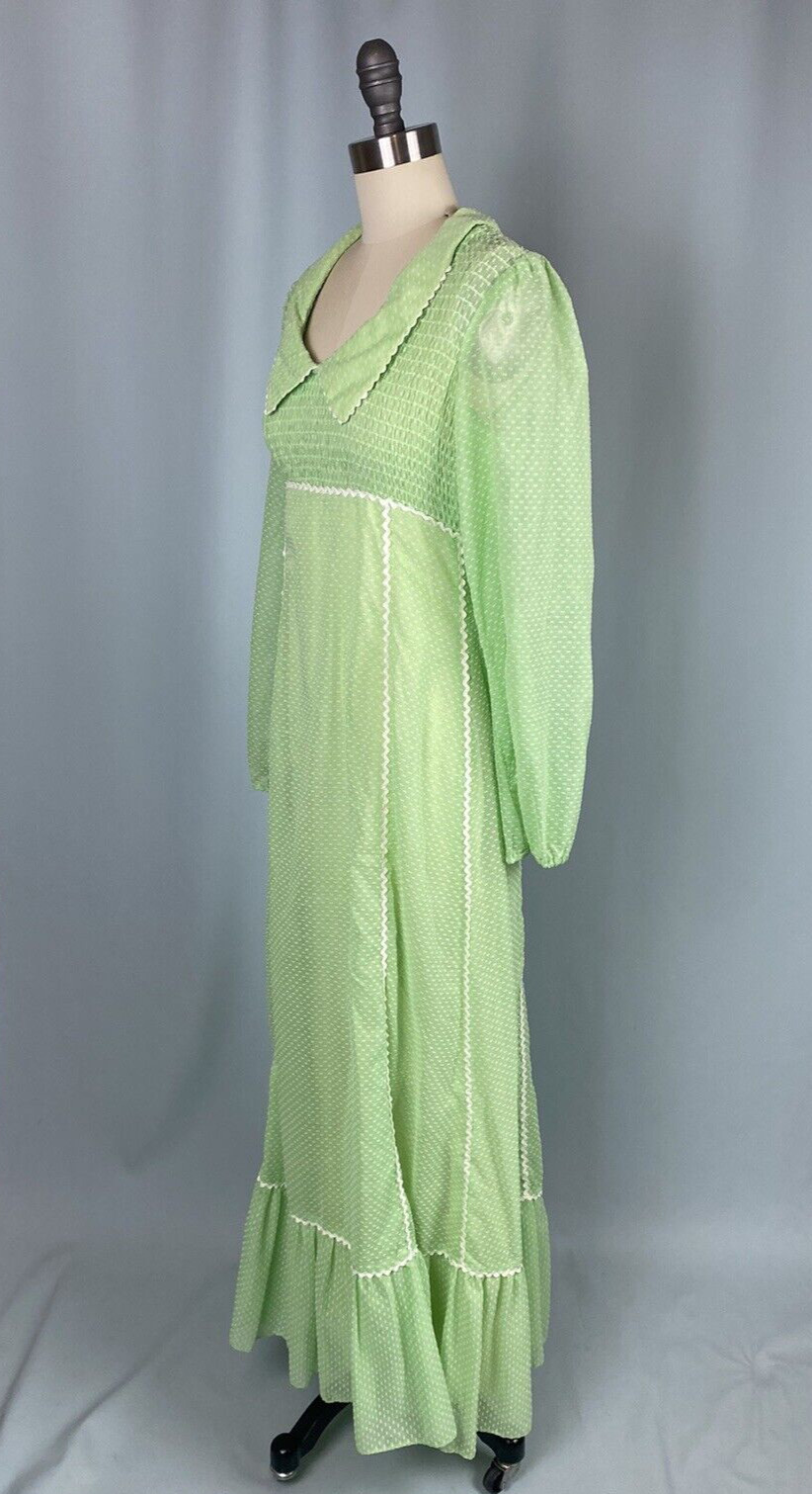 Vintage Dress CANDI JONES Size 7 lime green boho prairie maxi 60s 70s Cottage