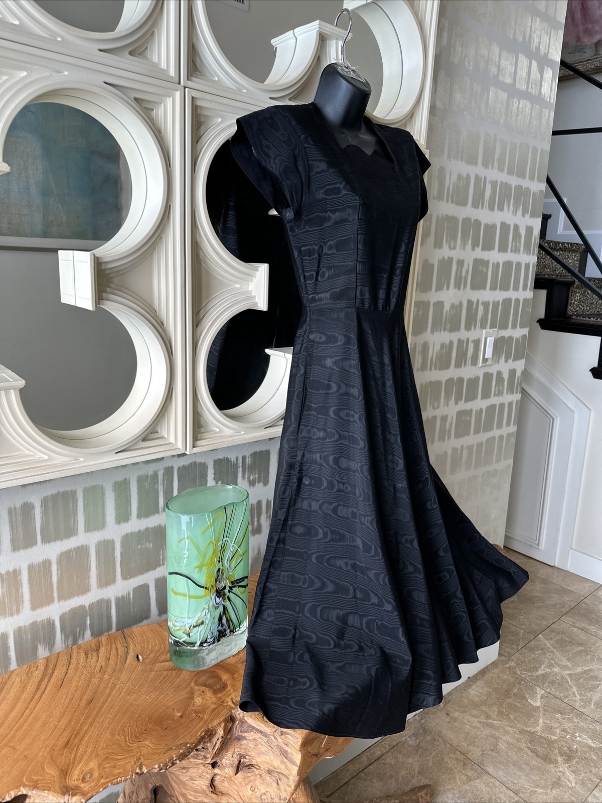 Black Silk Moire Sweetheart Neck 40s Dress From Estate Sale Of Matthew Weiner XS
