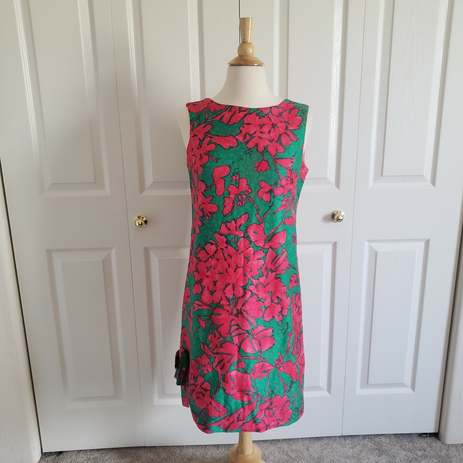 60s Vintage Tropical Green Pink Cotton Shift Sleeveless Dress David Crystal S M