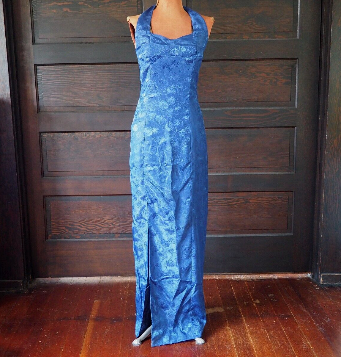 VTG 60s 70s Royal Blue Rose Sweetheart Halter Cocktail Party Formal Dress Sz S