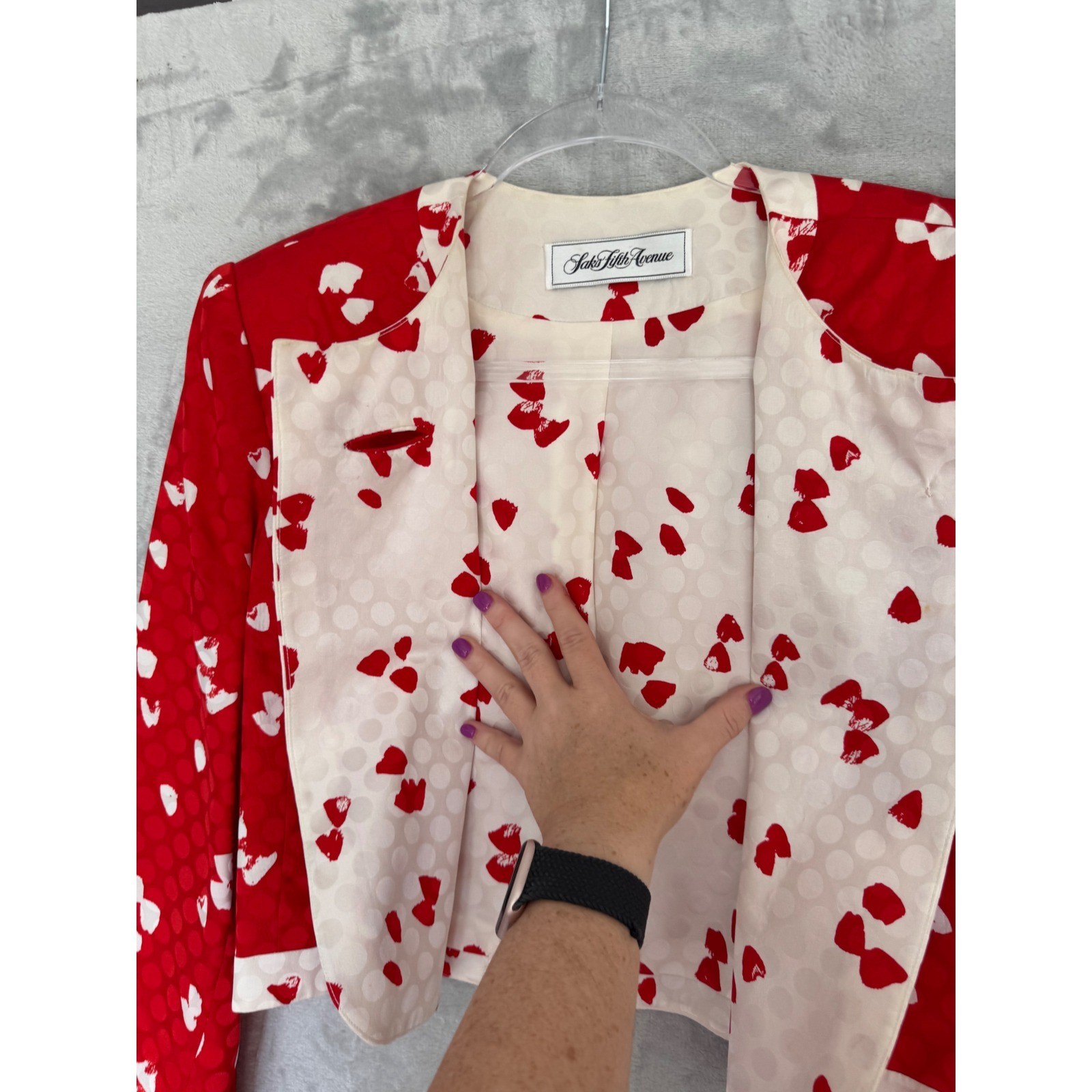 David Hayes Saks Fifth Avenue Red Silk Jacquard Cropped Jacket Vintage est Large