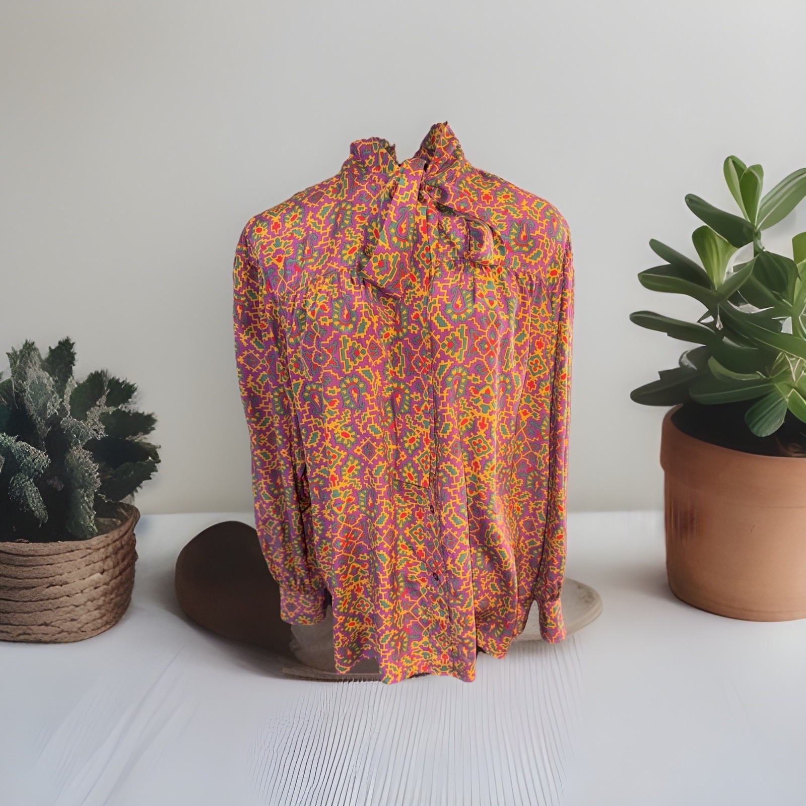 Yves Saint Laurent Vintage Silk Blouse Southwestern Print with Bow Tie Collar