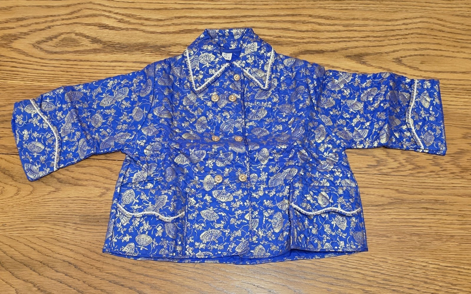 Vintage Blue Oriental-Style Button Front Jacket w/ Gold Lace Trim, Size 4