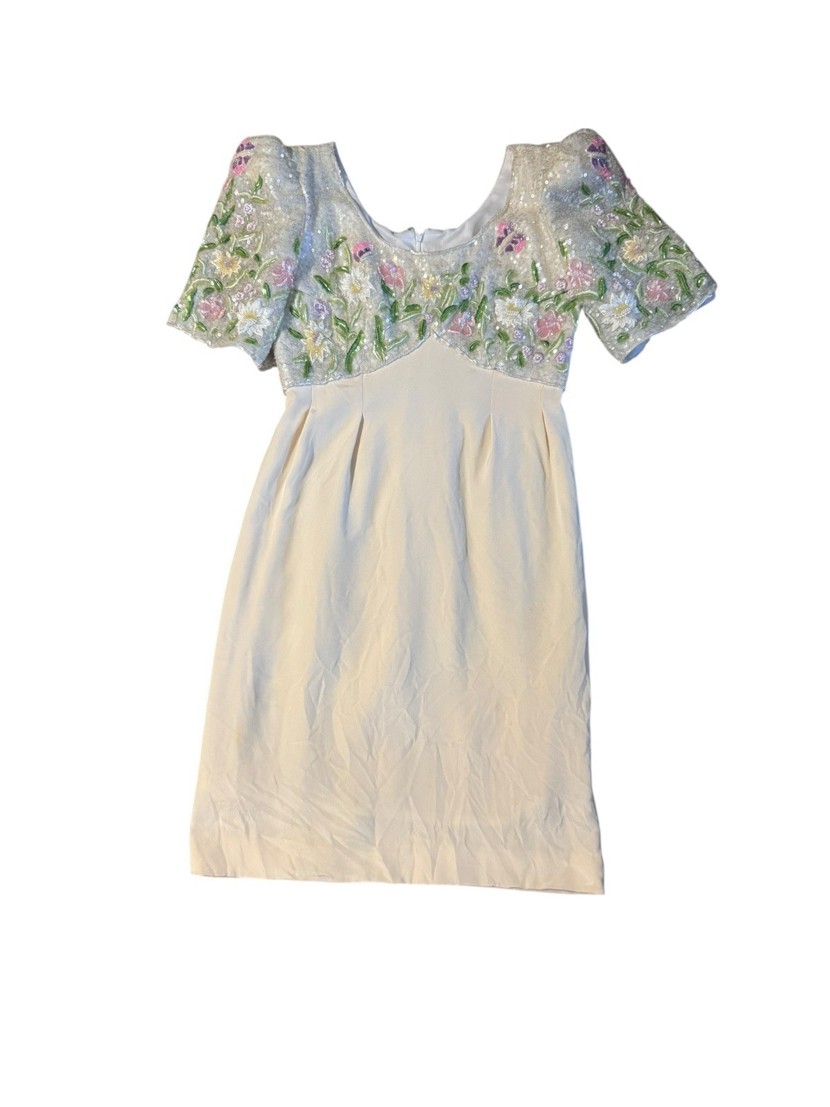Vintage Richilene New York Beaded Glitter Cocktail Dress Size 12 Ivory Pink Glam
