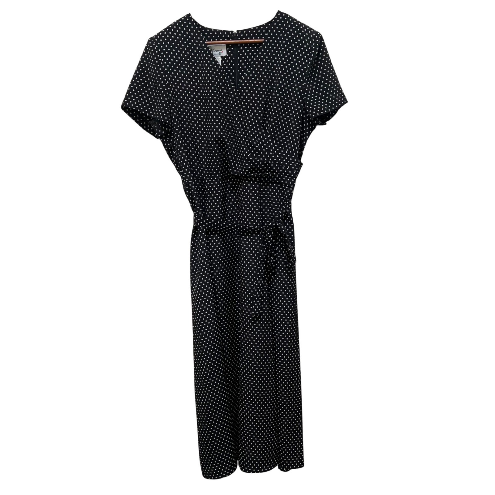 Vintage DJ Summers Polka Dot Wrap Midi Dress Black White Size 14 80s Belted