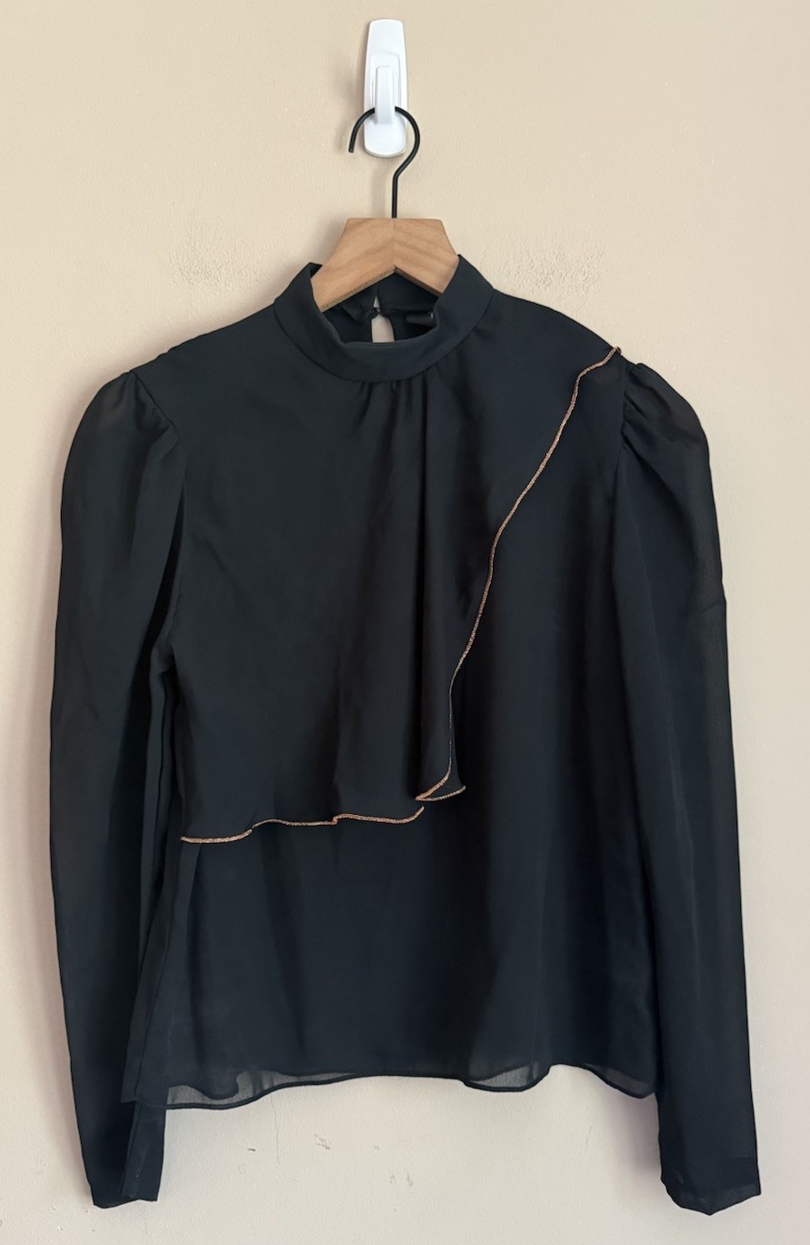 Vintage Blouse 70s 80s Silky Secretary Ruffle U Turn Womens Size Medium Sheer