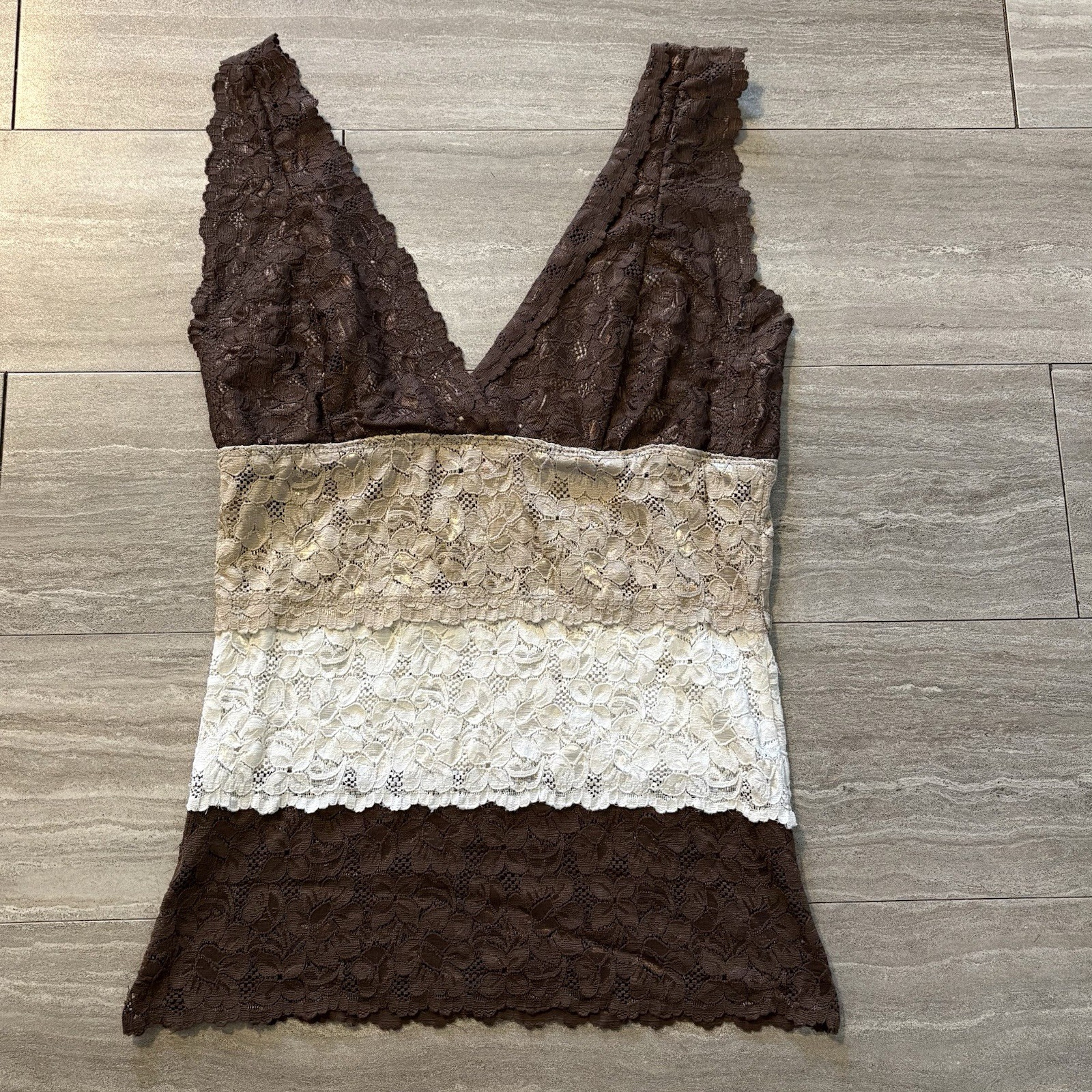 Vintage Lipstick Brand Med Y2K Multi Color Block Lace Trim Cami Tank Top Brown