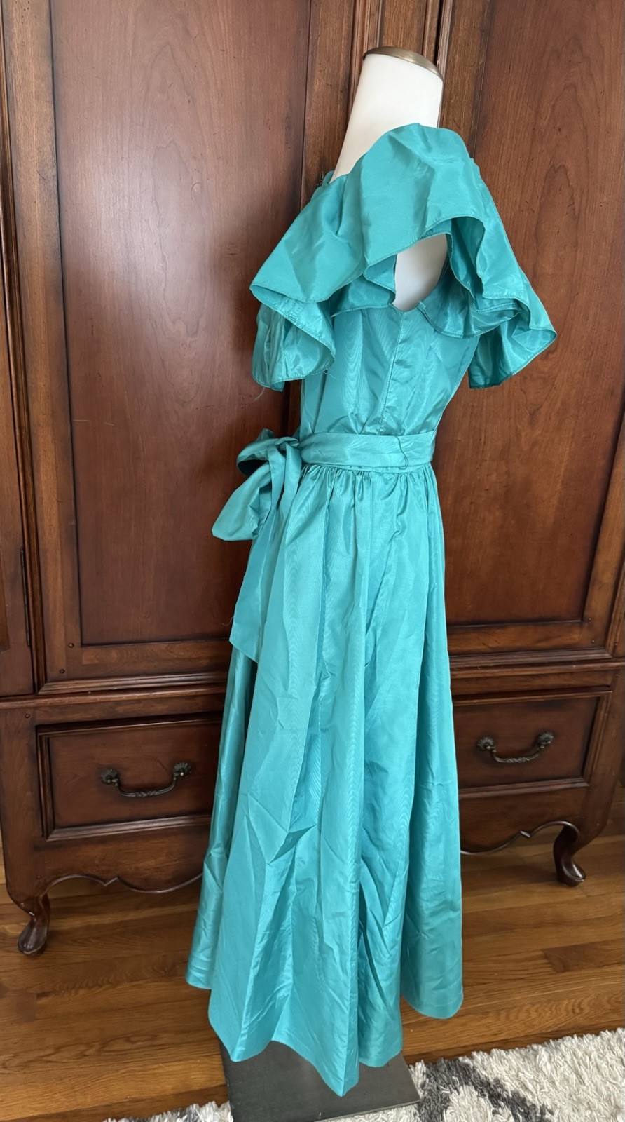Vintage Lamz Originals Dress Turquoise Sz 4 Off Shoulder Ruffle Party Gown 80s