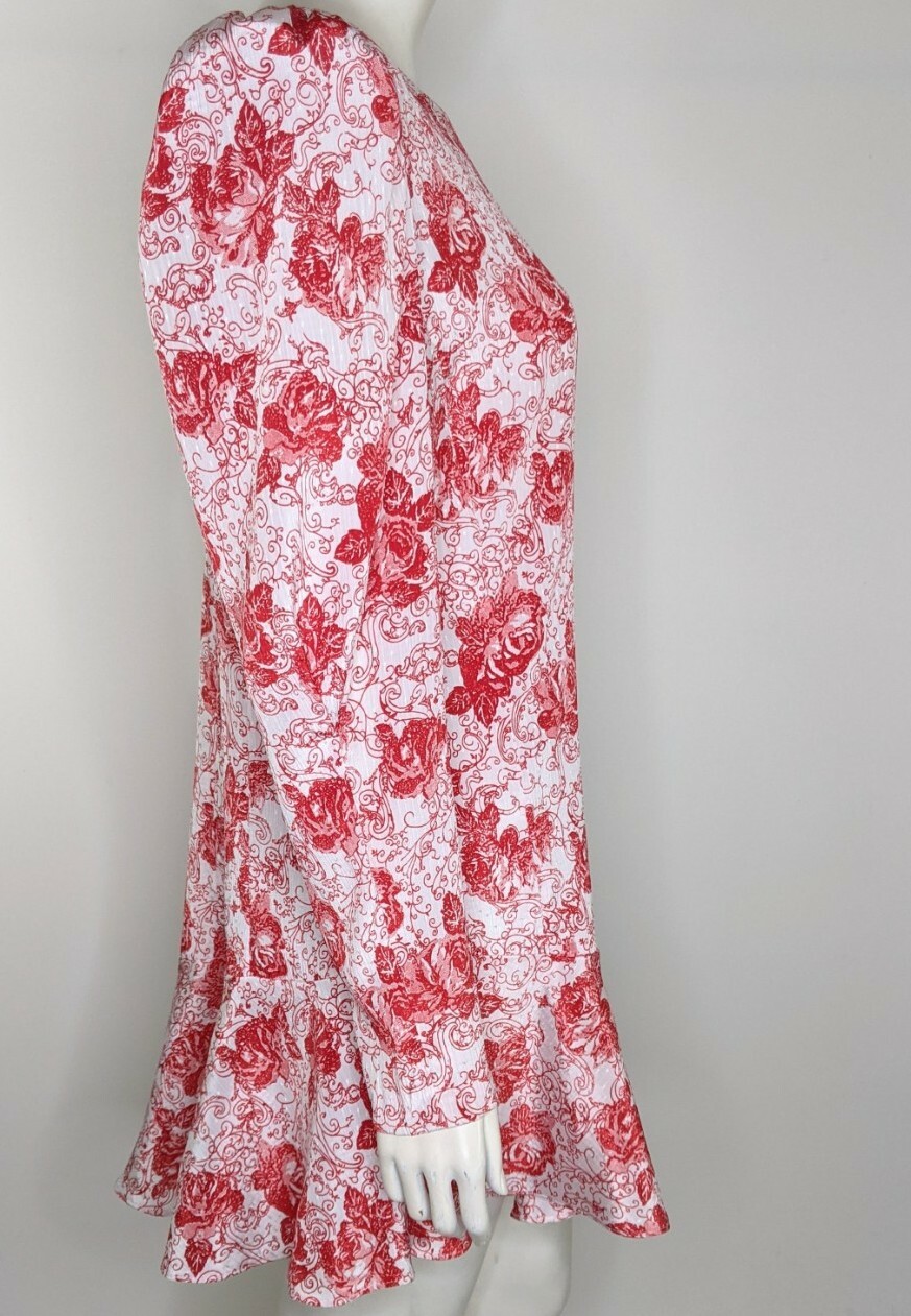 Vintage 80s Dress Womens 10 Long Top Retro Red White Shoulder Pads Puffy Sleeves