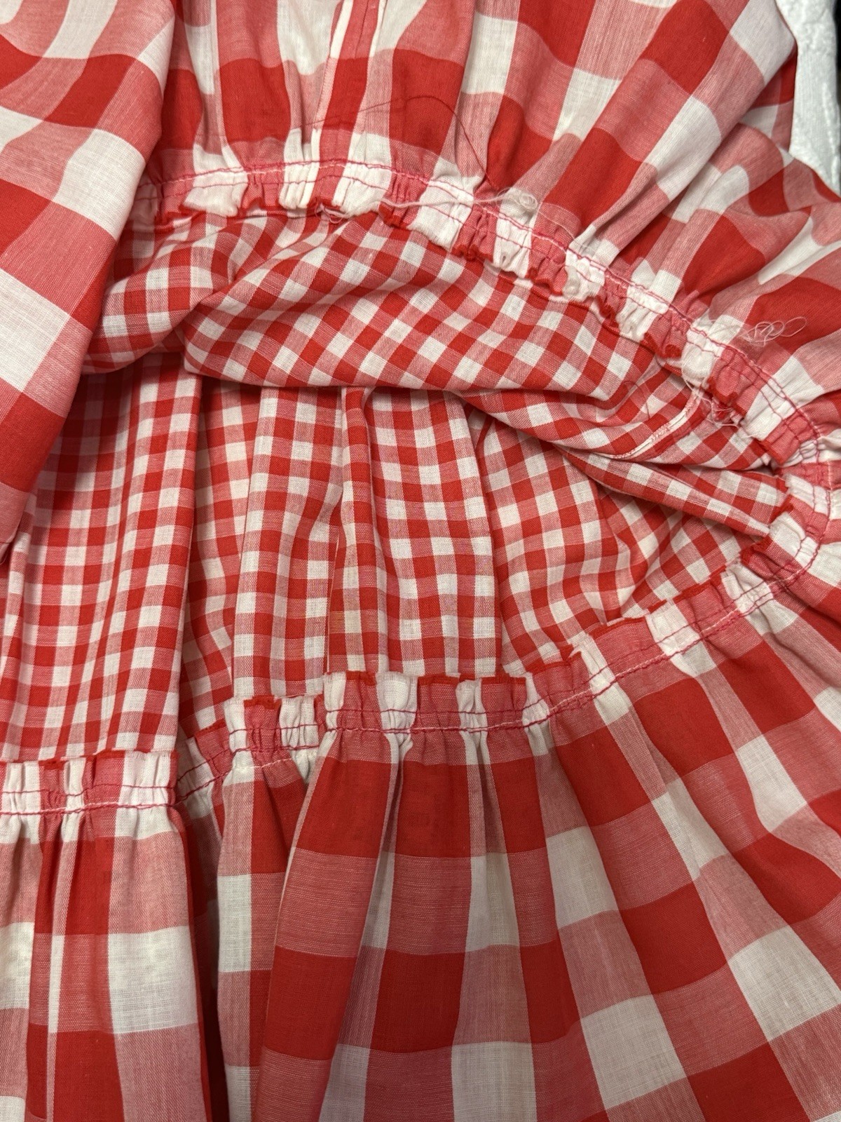 Vtg 70s Handmade Prairie Dress Red Gingham Lace Bib Farmhouse XL Storybook Style