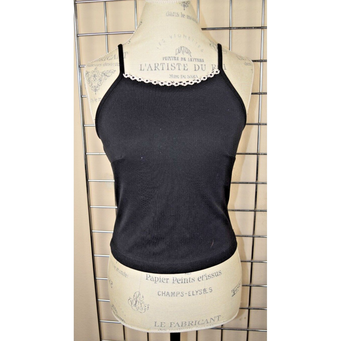 Vintage Tank Top Wild Cat Size S 80s Black Spaghetti Strap Daisy Trim Made USA