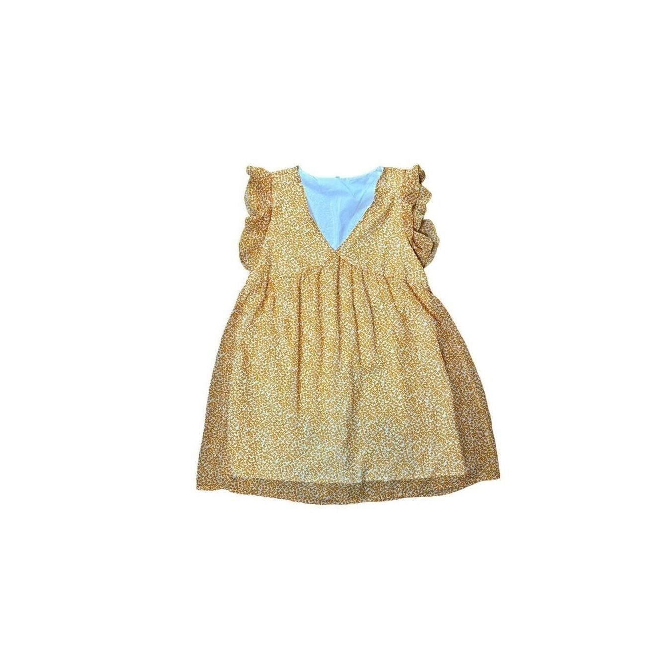 Gavet Yellow Floral Ruffle Sleeve V-Neck Pleated Flowy Mini Dress SzXL