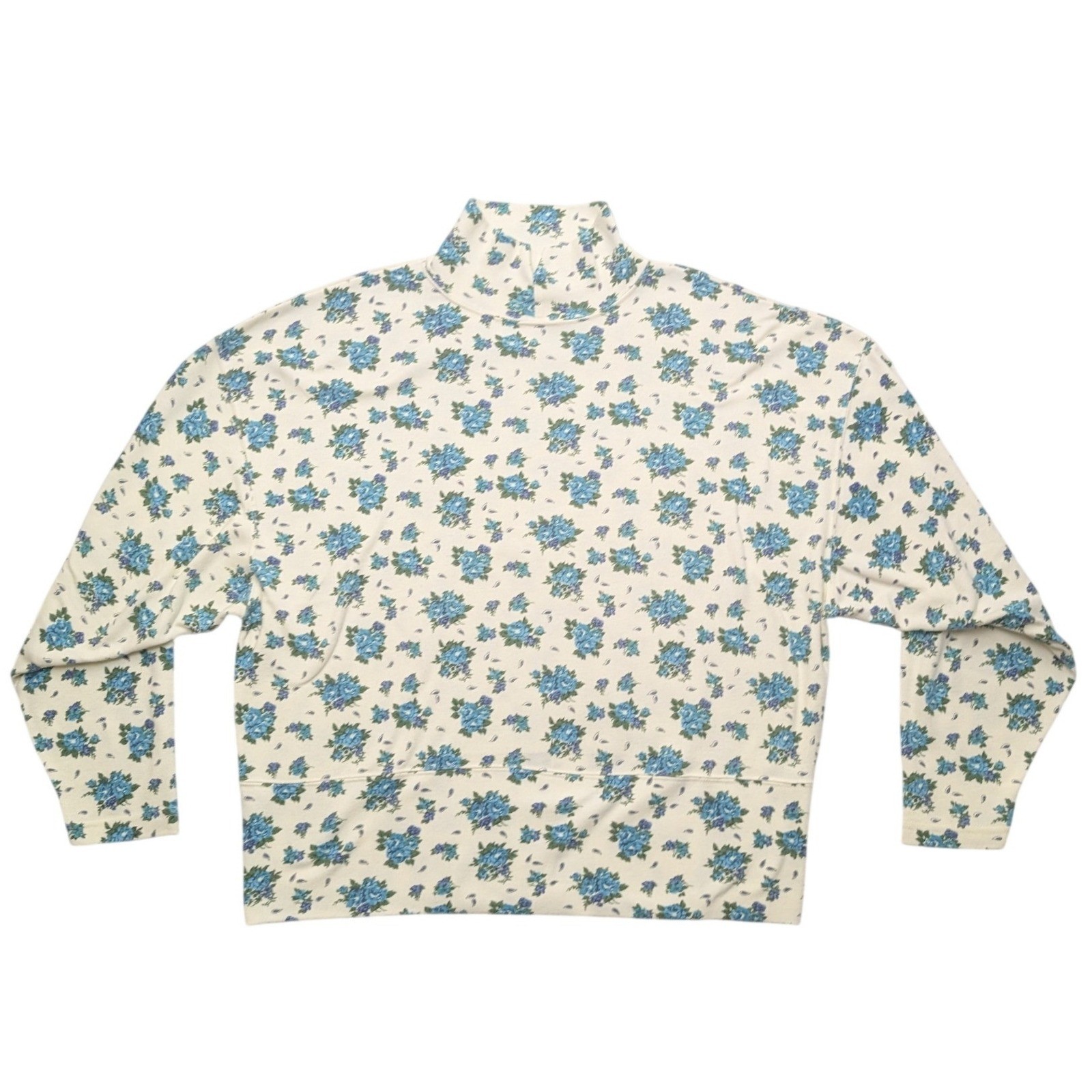 Vintage 90s Outback Red Floral Mock Neck Top Womens L Cream Blue Long Sleeve