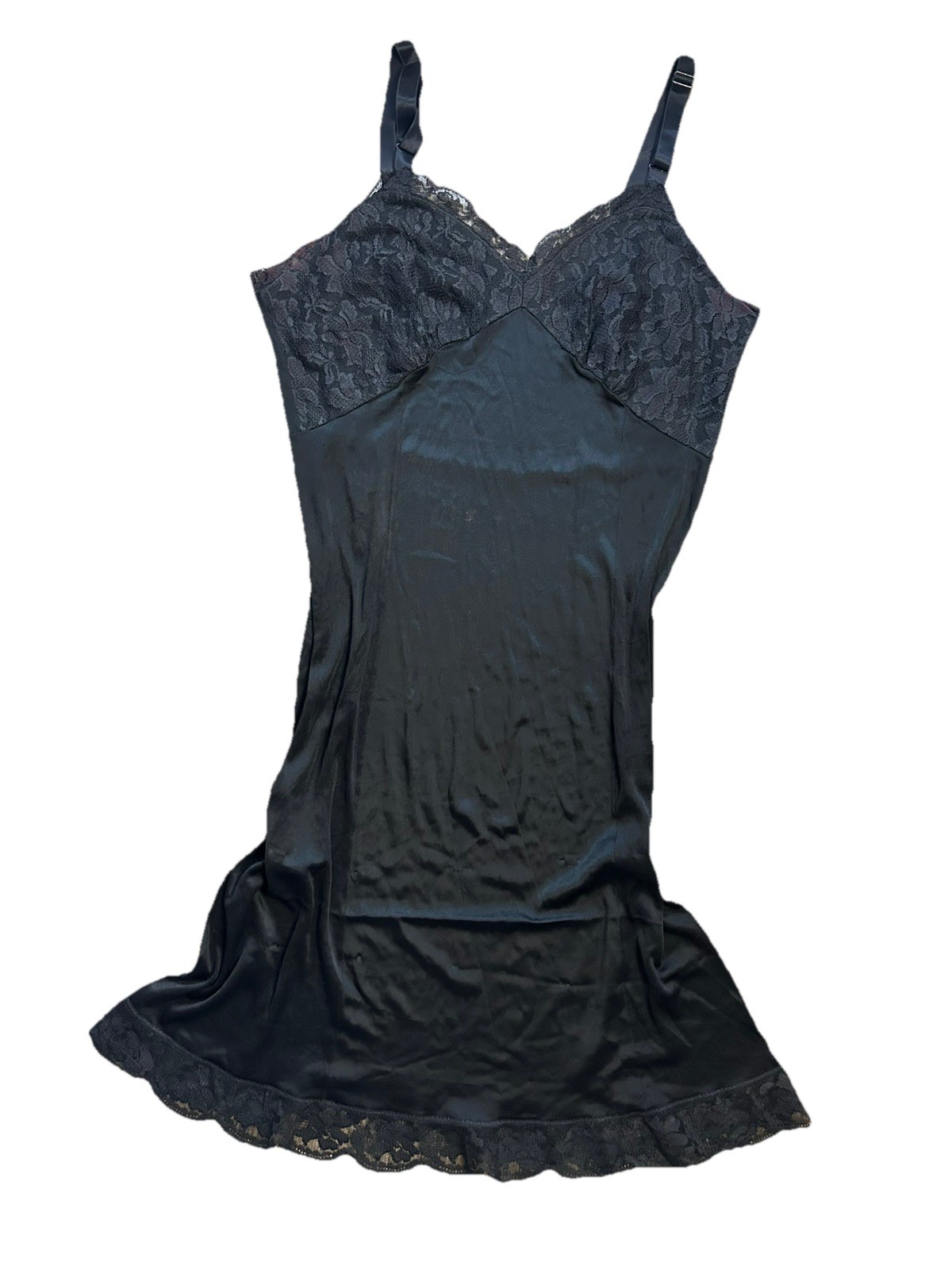 Vintage 60s DIXIE BELLE Black Acetate Tricot Full Slip Dress Floral LACE 34 S/M