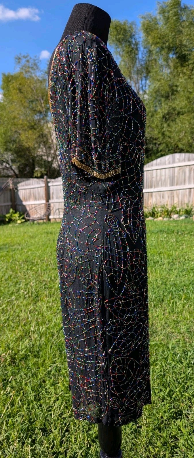 VINTAGE NITELINE SILK BEADED BLACK KNEE LENGTH DRESS COCKTAIL EVENING SIZE 6