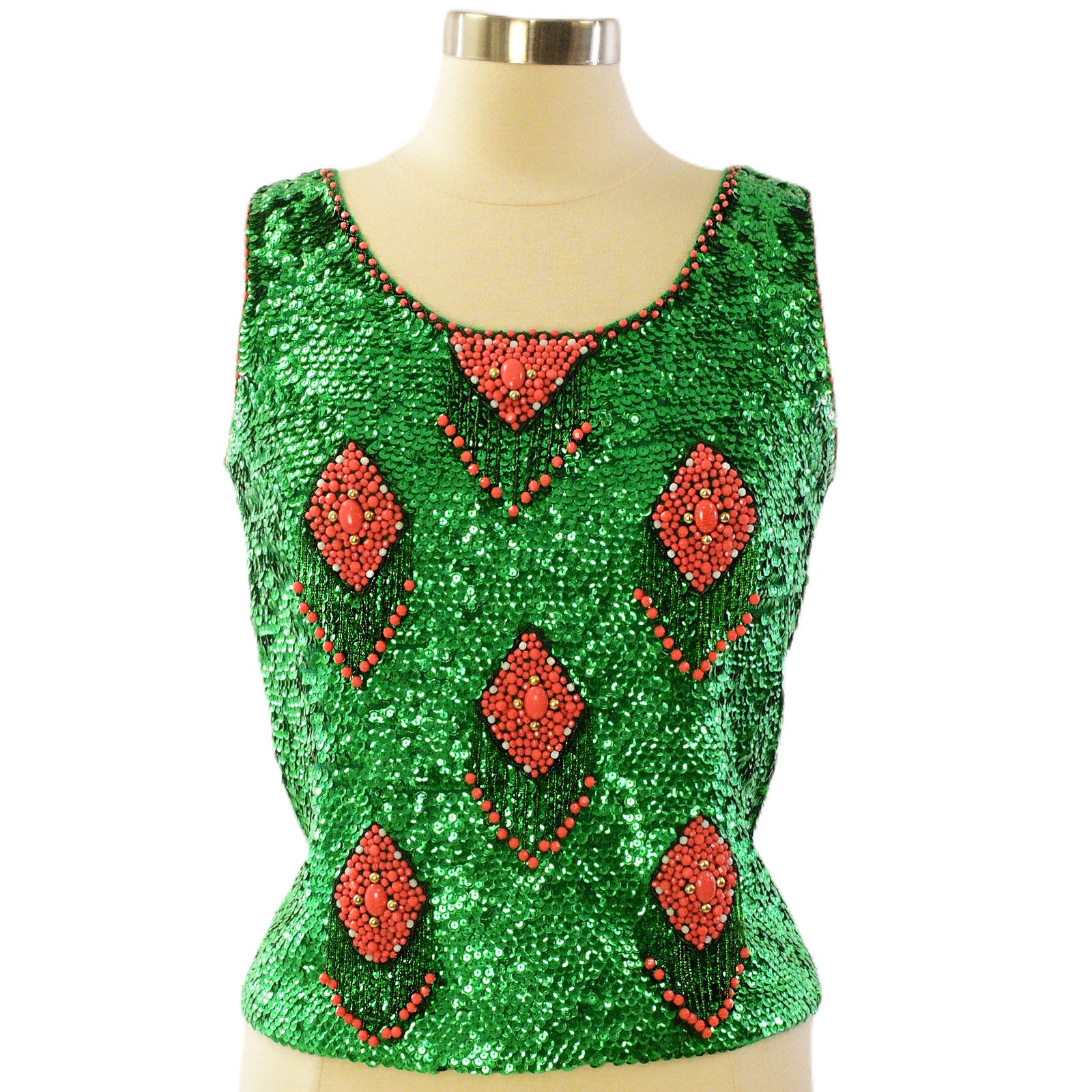 50s Vintage Beaded Sequin Wool Top Womens S Green Coral Rockabilly Cocktail Tank