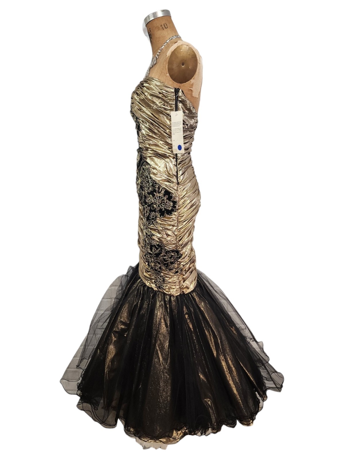 Vtg 80s Prom Dress XS/S Mermaid Gold Lame Metallic Ruched Pageant Gown New