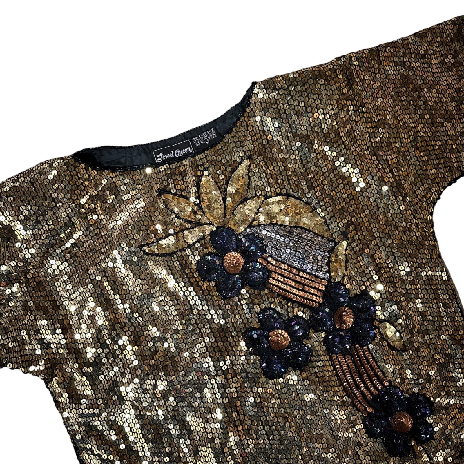 Vintage Sequin Shirt 1980s Jewel Queen Party Floral Disco Gold Black Medium