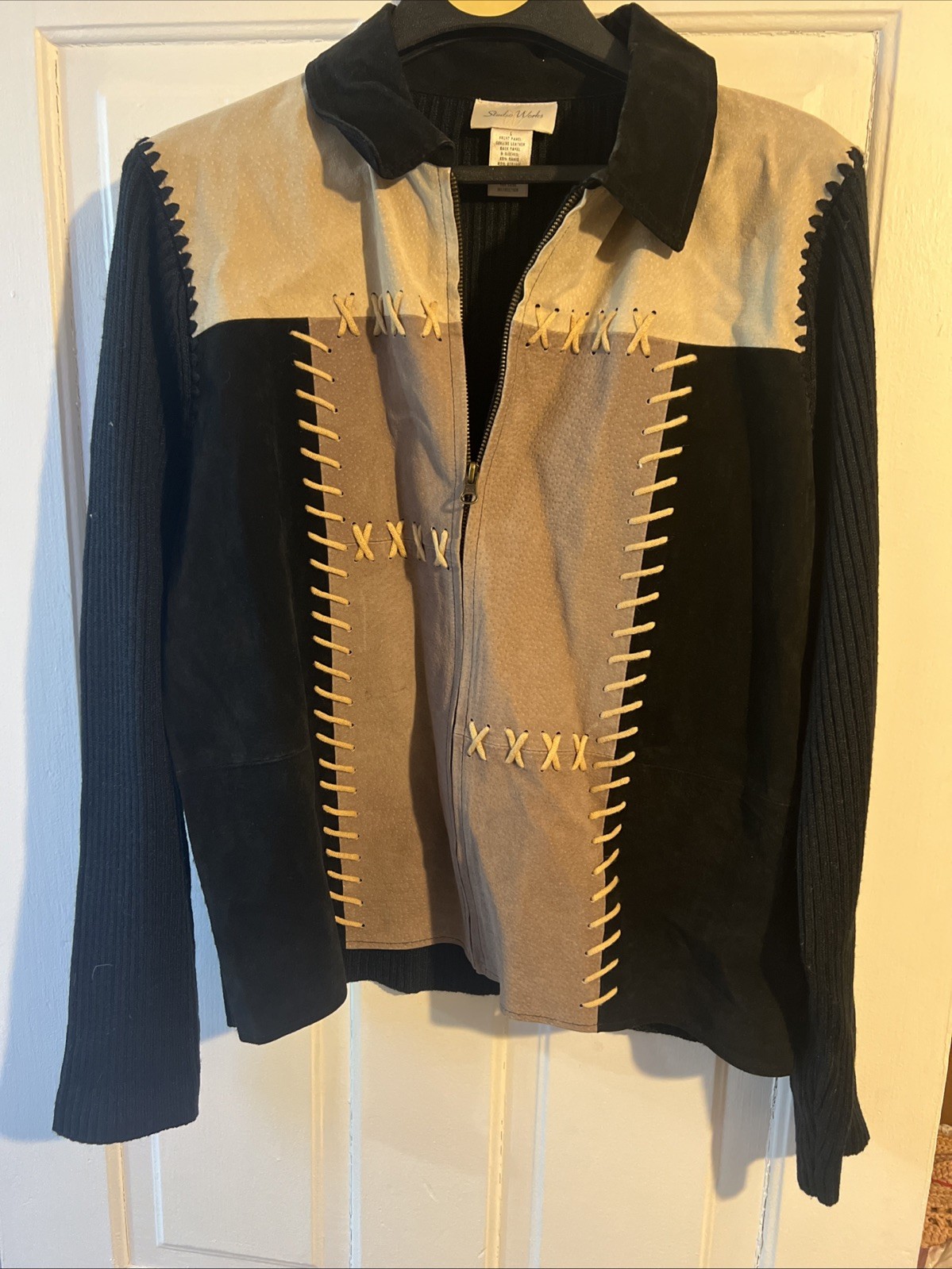 Studio Works Women’s Black Brown Patchwork Genuine Leather Zip Jacket Size L