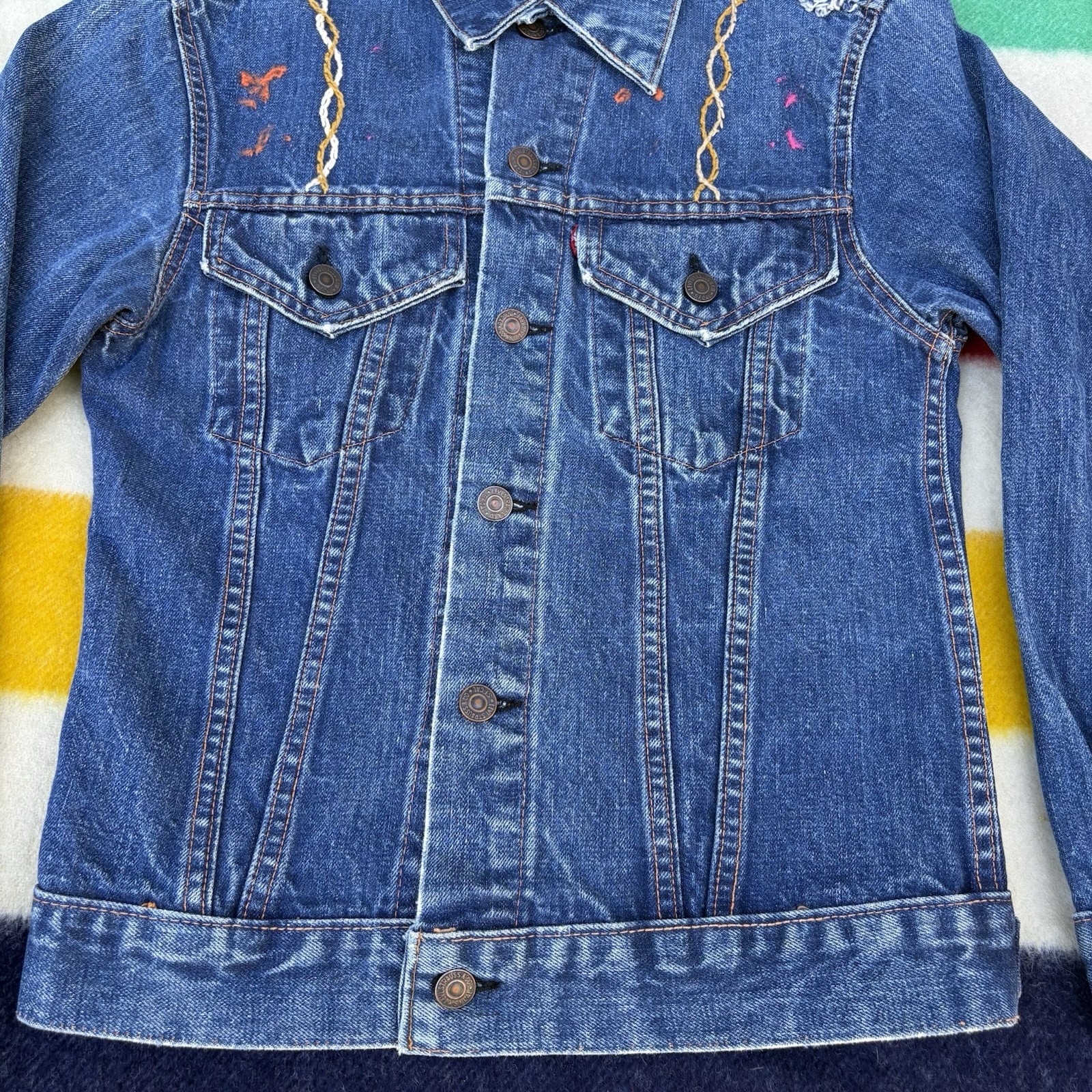 Vintage 1970s Levi’s Big E Denim Trucker Jacket Type 3 Embroidered Hippie Biker