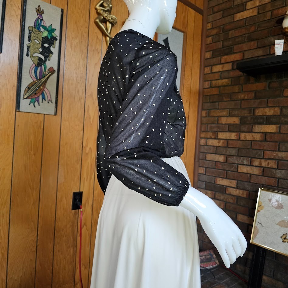 Vtg 70s Disco Hearts Print Bishop Sleeve Blouson Studio 54 Swing Dress XS/S/M