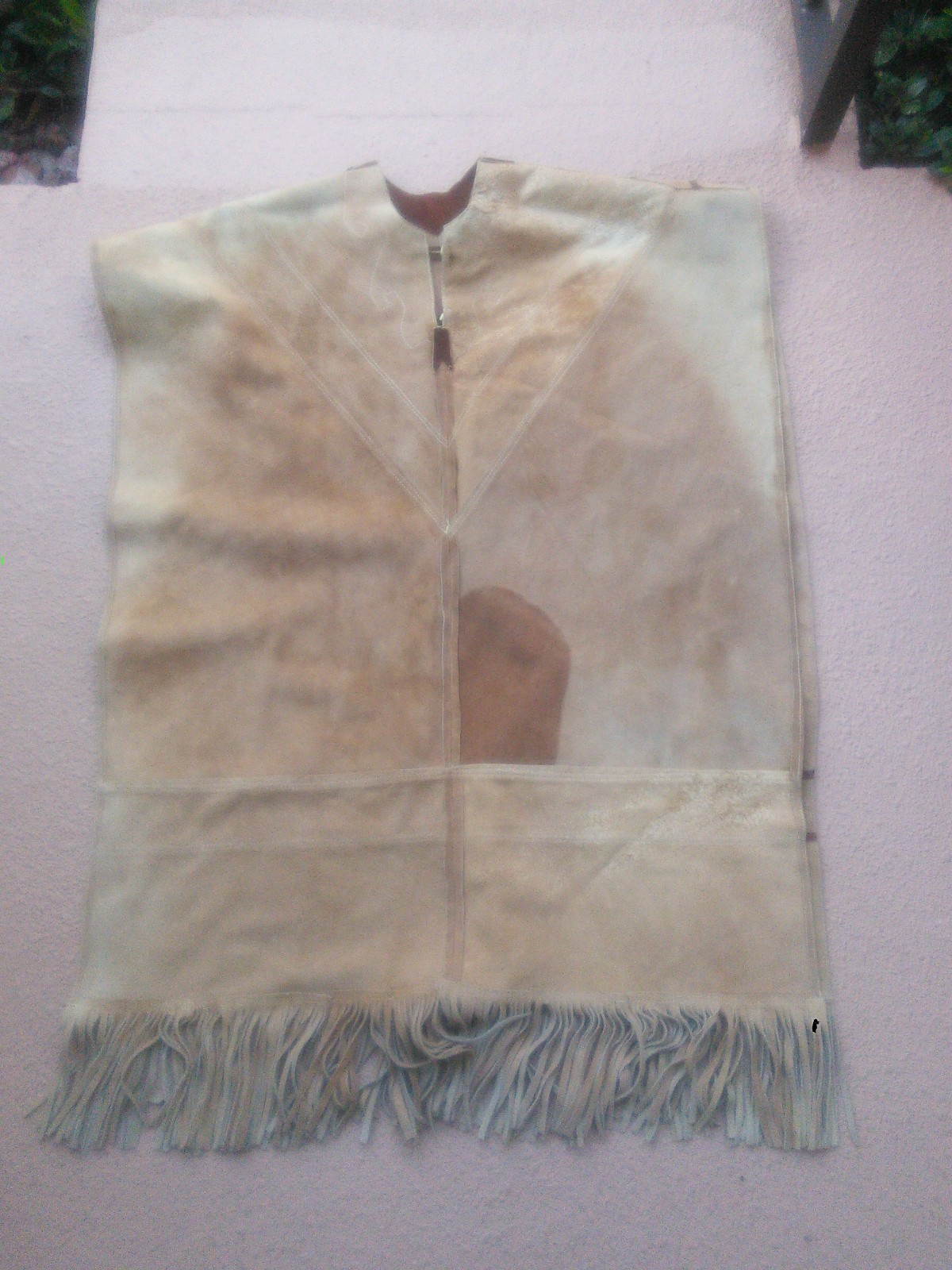 Vintage Men’s Mexican Handmade Suede Leather Poncho Western Fringe Hand Drawn OS