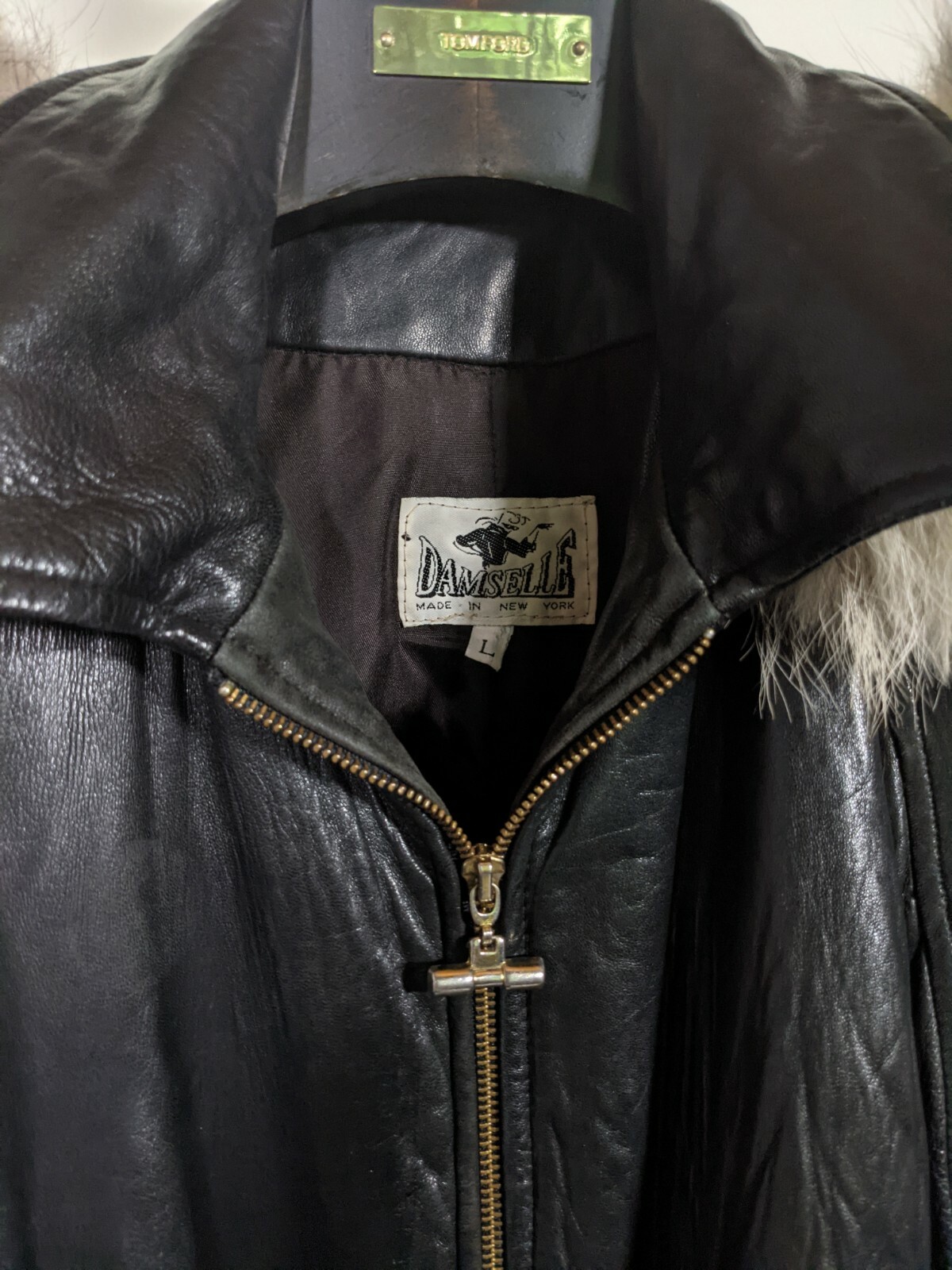 Damselle New York City Vintage Soft Black Leather Fur Hood Parka Jacket Large