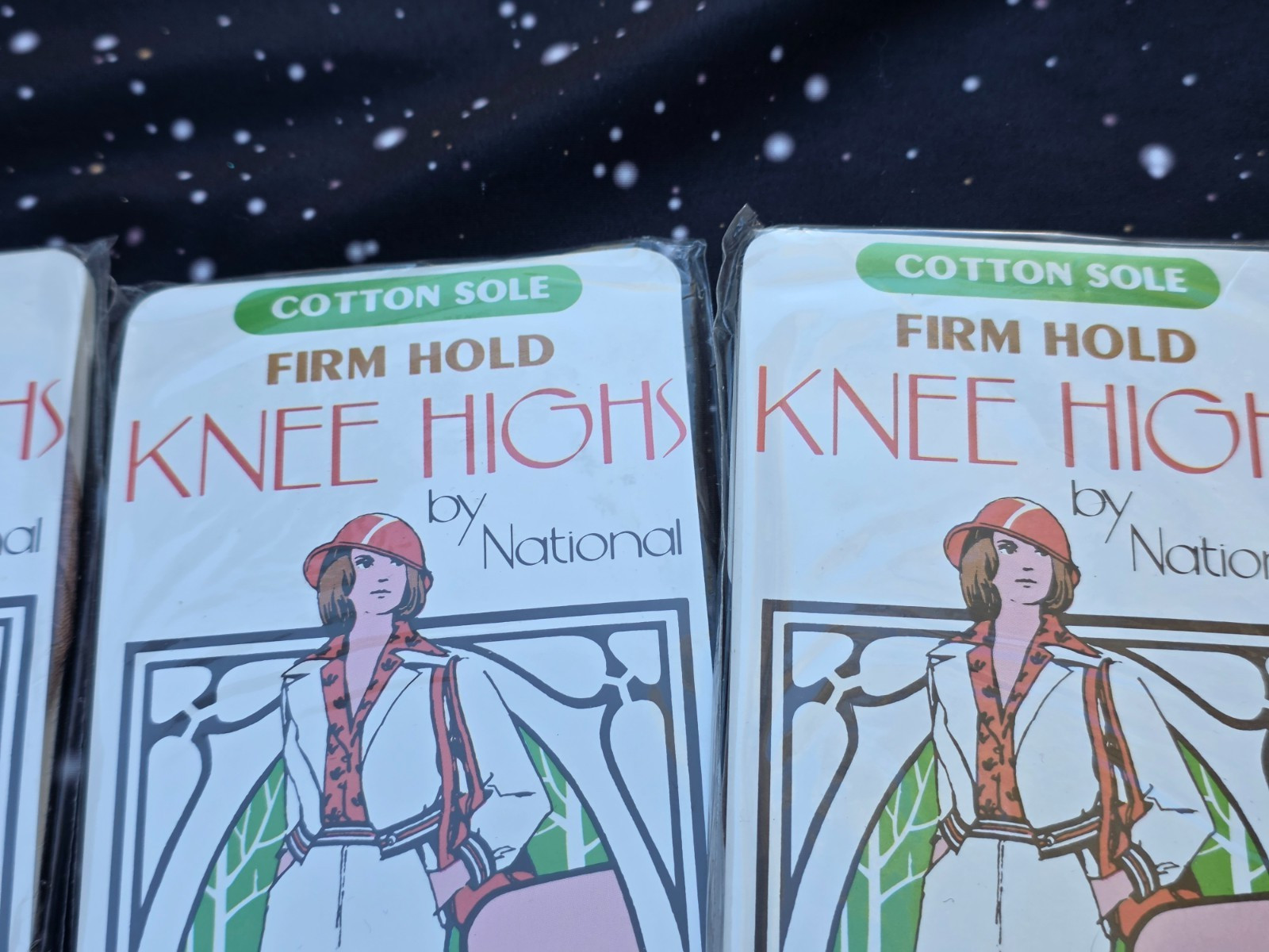 3 Vintage Beige/Tan Knee Highs by National COTTON SOLE FIRM HOLD Sealed NOS USA
