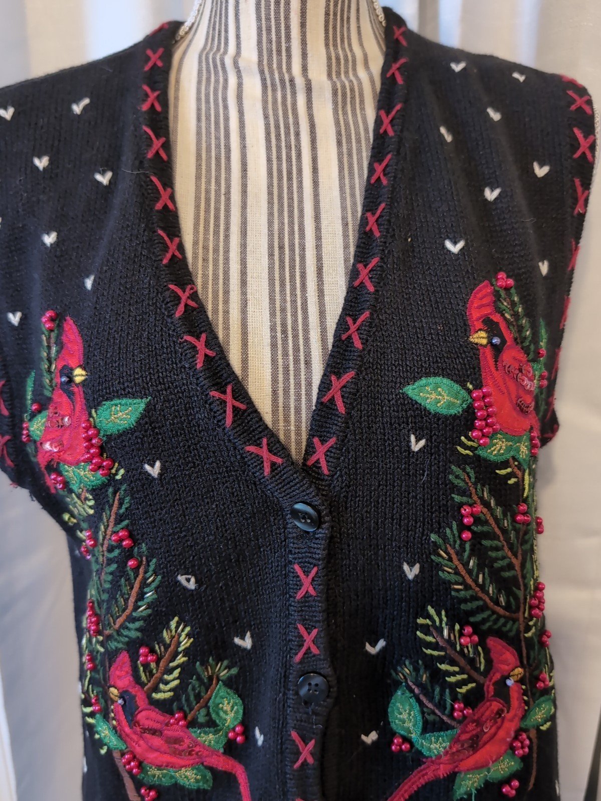 VTG Bobbie Brooks Black Ramie Cotton Embroidered Cardinal Bird Sweater Vest SZ L