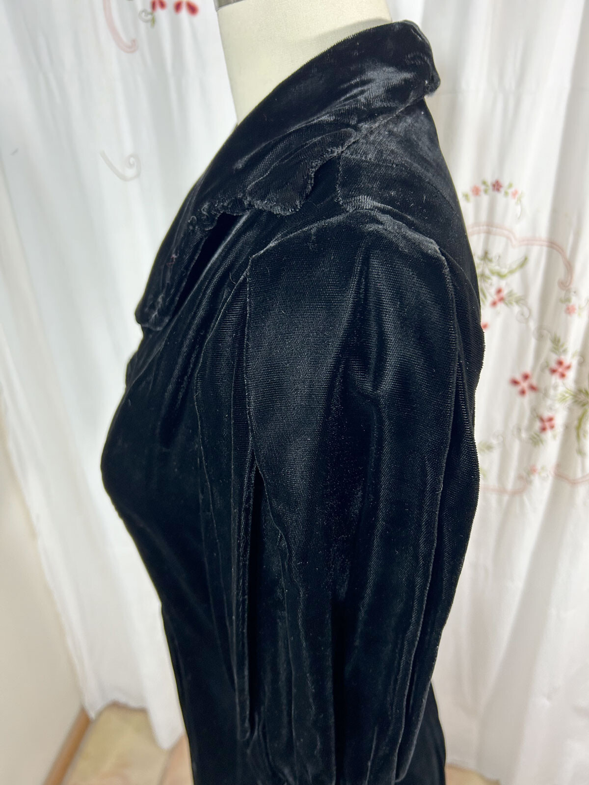 Vtg 30s Black Silk Velvet Long Dress Rhinestone Buttons Evening Hollywood sz 8/S