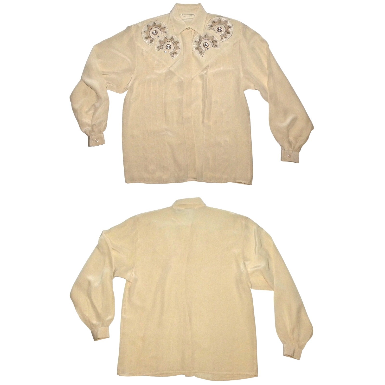 Vintage 80s Ivory Silk Tuxedo Blouse Beaded Rhinestone Appliqué Hidden Placket