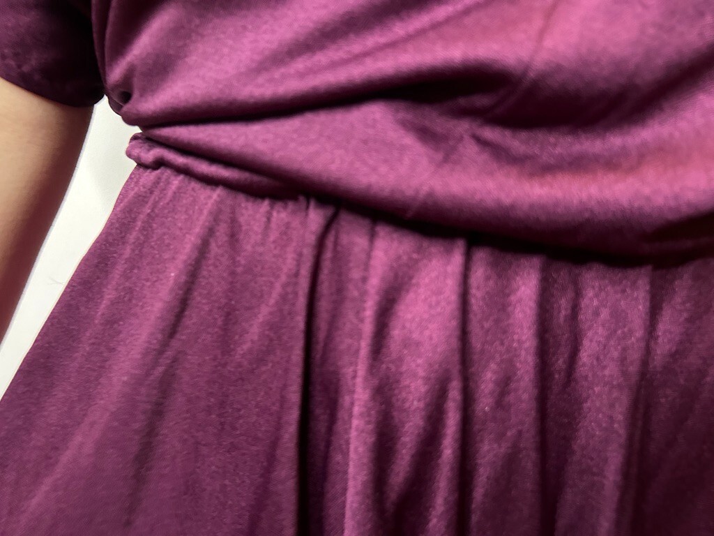 Vintage 1980s Purple Mauve Slinky Blouson Dress Belt Tie Yoke Midi Evening AU 14